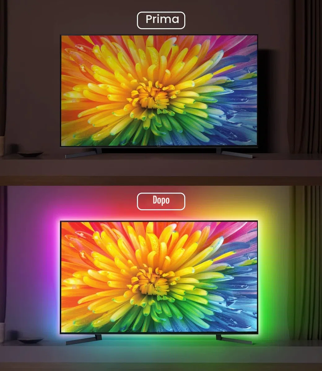 Daymeet Striscia LED TV RGB 4m, Retroilluminazione TV per 55-75 Pollici, Luci LED RGB con App + Telecomando, Sincro Musicale, Effetto Arcobaleno Dinamico, Alimentazione USB per Monitor HDTV
