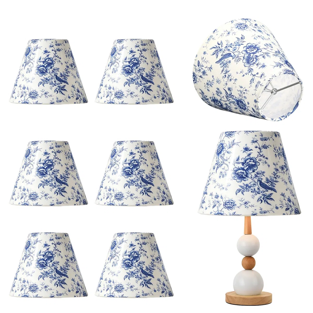 Set di 8 paralumi a clip, in tessuto blu/bianco, 15 x 13 x 7,5 cm, design floreale, moderno, stile semplice, per lampade a candela, lampadari, lampade da tavolo, lampada da parete, soggiorno, camera