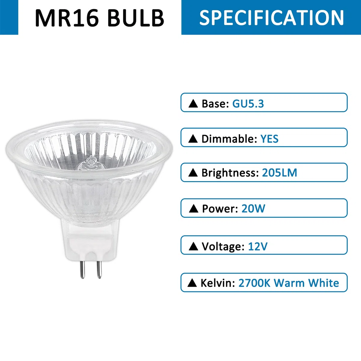 Lampadina Alogena GU5.3 12V 20W, MR16 Dimmerabile Lampada Alogena Riflettore, 205LM Bianco Caldo 2700K, Faretti Alogeni GU5.3 per Illuminazione Della Pista, Illuminazione da Incasso, Confezione da 6