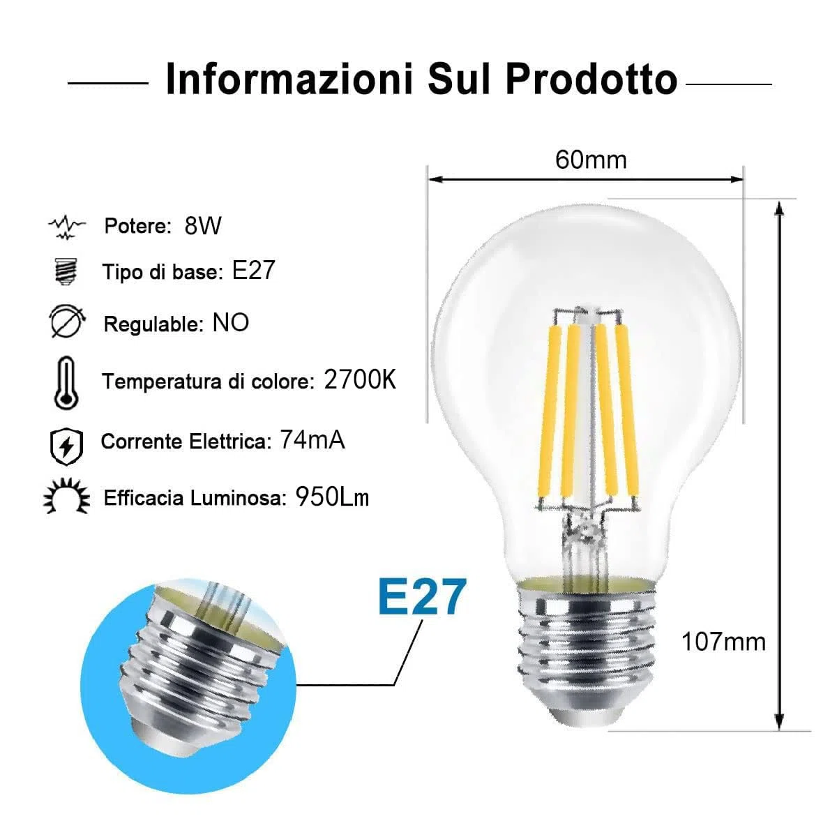 EXTRASTAR Lampadina LED E27,8W (equivalenti a 66W), 950lumen,Trasparente luce calda- Pacco da 6