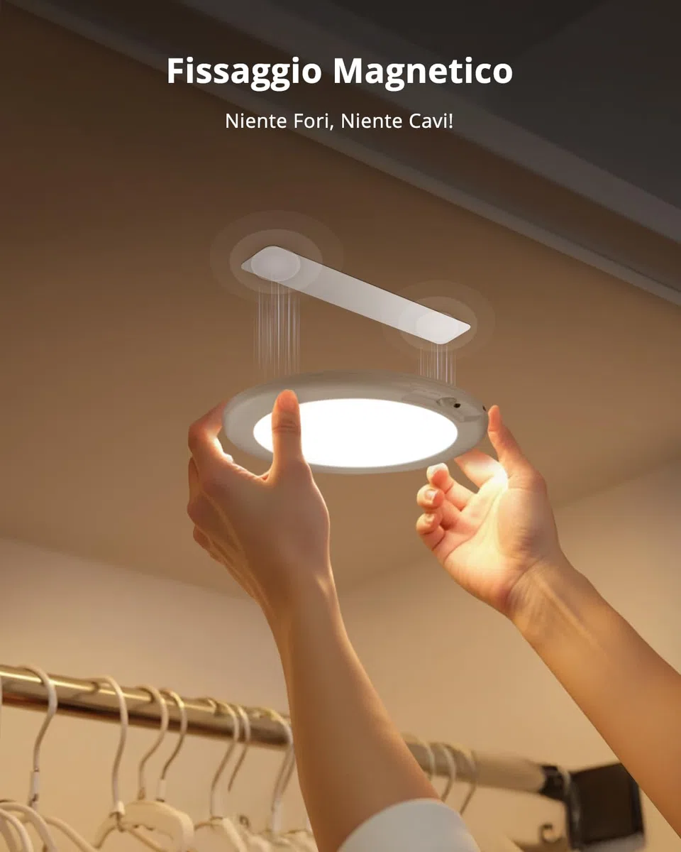 Combuh Lampada a Batteria Sensore di Movimento Luce Ricaricabile Garage Senza Fili, Autonomia 85 Giorni 6000mAh Plafoniera LED Senza Corrente Lampade da Soffitto per Doccia Balcone Rotondo 1pz