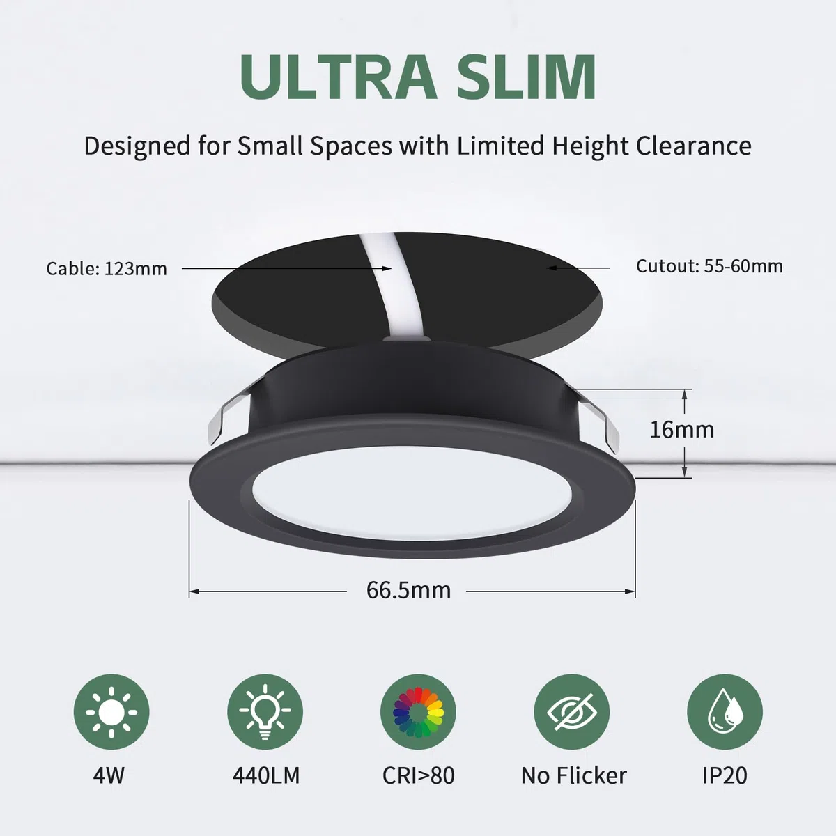 KYOTECH Faretti da Incasso a LED 230V, 4W 440LM Faretti LED da Soffitto Ultrapiatti 16mm 4000K Bianco Neutro Foro 55-60mm per Cucina, Soggiorno, Camera da Letto, Nero, Set da 3