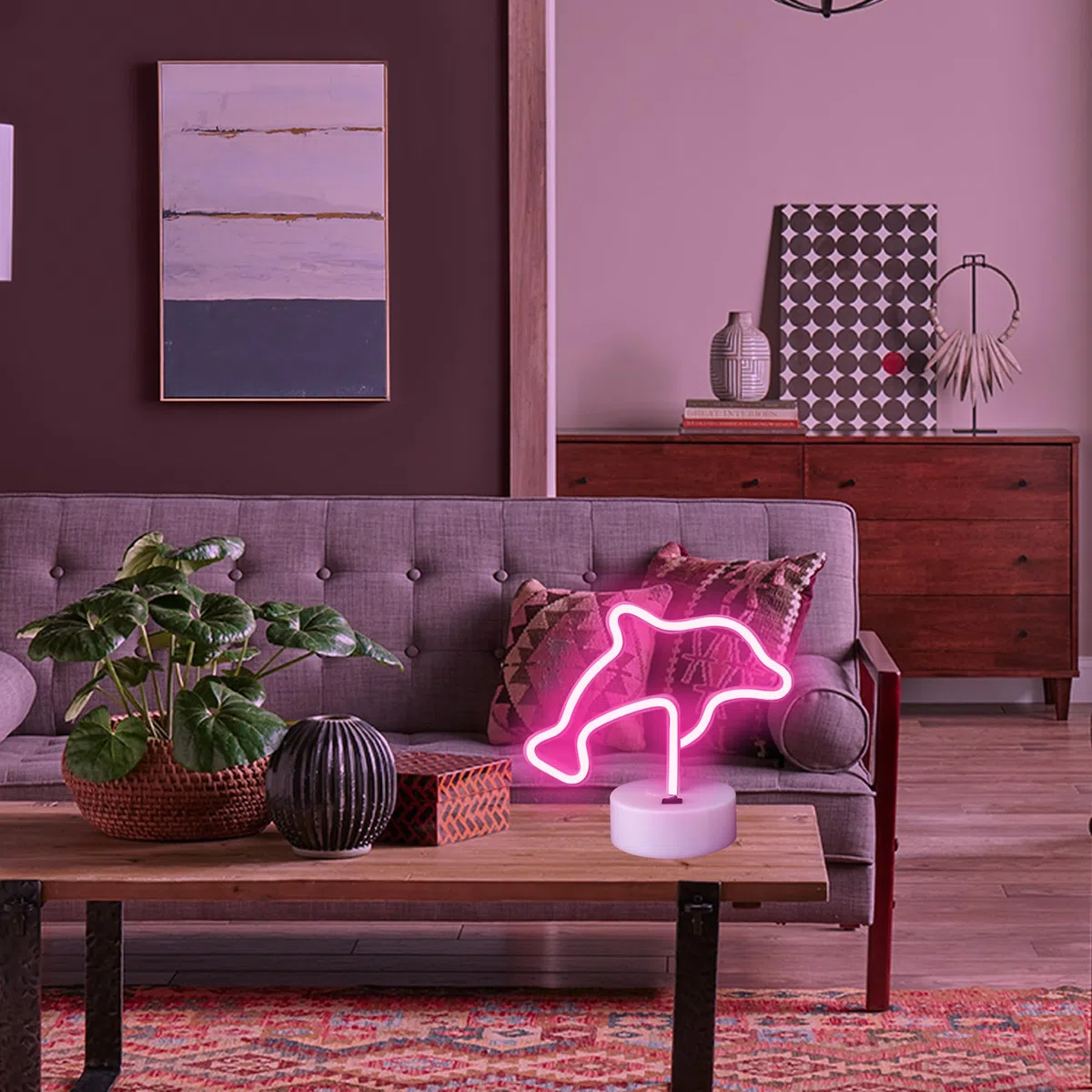 Aslanka Luce notturna a LED con delfino – USB/batteria, luce al neon per camera da letto, decorazione per bambini, decorazione del salone di anniversario (rosa)