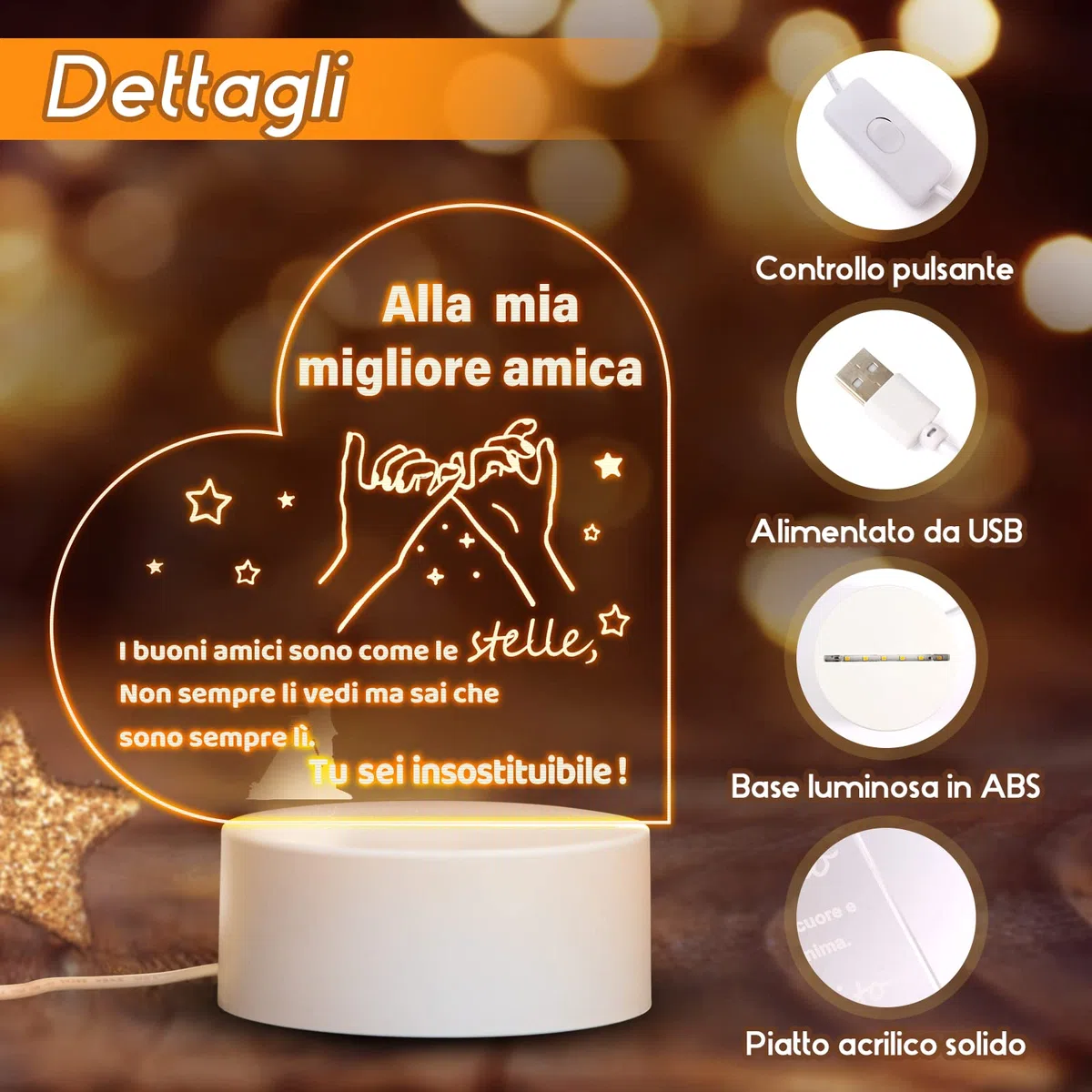 Regalo Amica Compleanno, Regalo Amica Speciale Originale, Luce notturna a LED, Regali di Amicizia per le Donne, Natale per Amiche