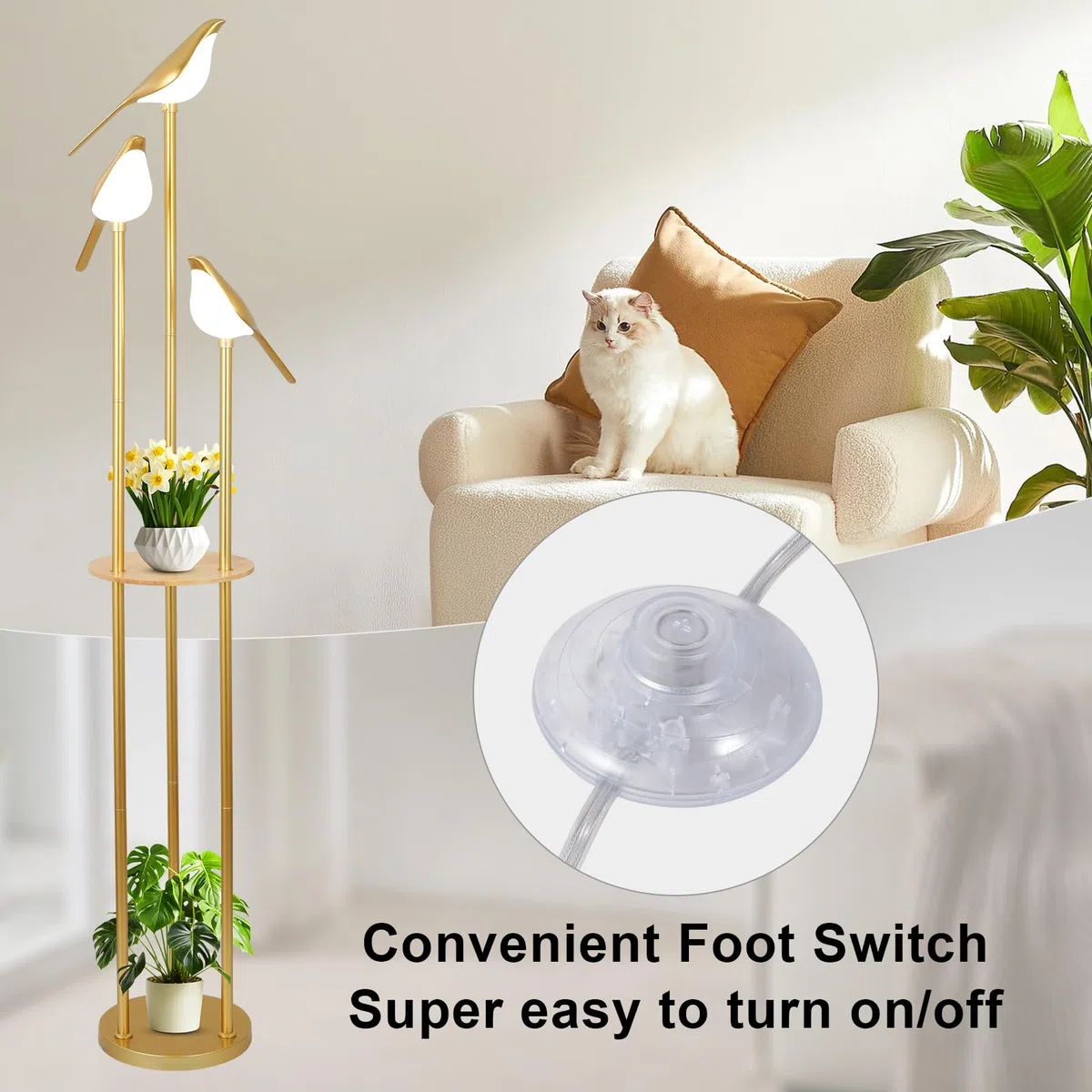 Lampada da terra dorata per soggiorno con ripiani - Lampada da terra moderna di metà secolo con 3 luci LED regolabili a forma di uccello, lampada ad angolo alto con tavolo, supporto