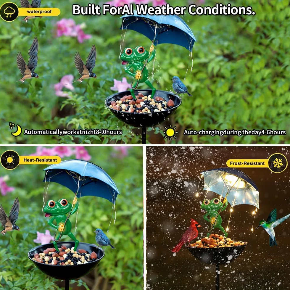 La rana solare sostiene la luce di alimentazione dell'ombrello, il giardino incantevole decorazione ferro arte rana ombrello piatto da mangiare per il pavimento, LED impermeabile luce wireless.