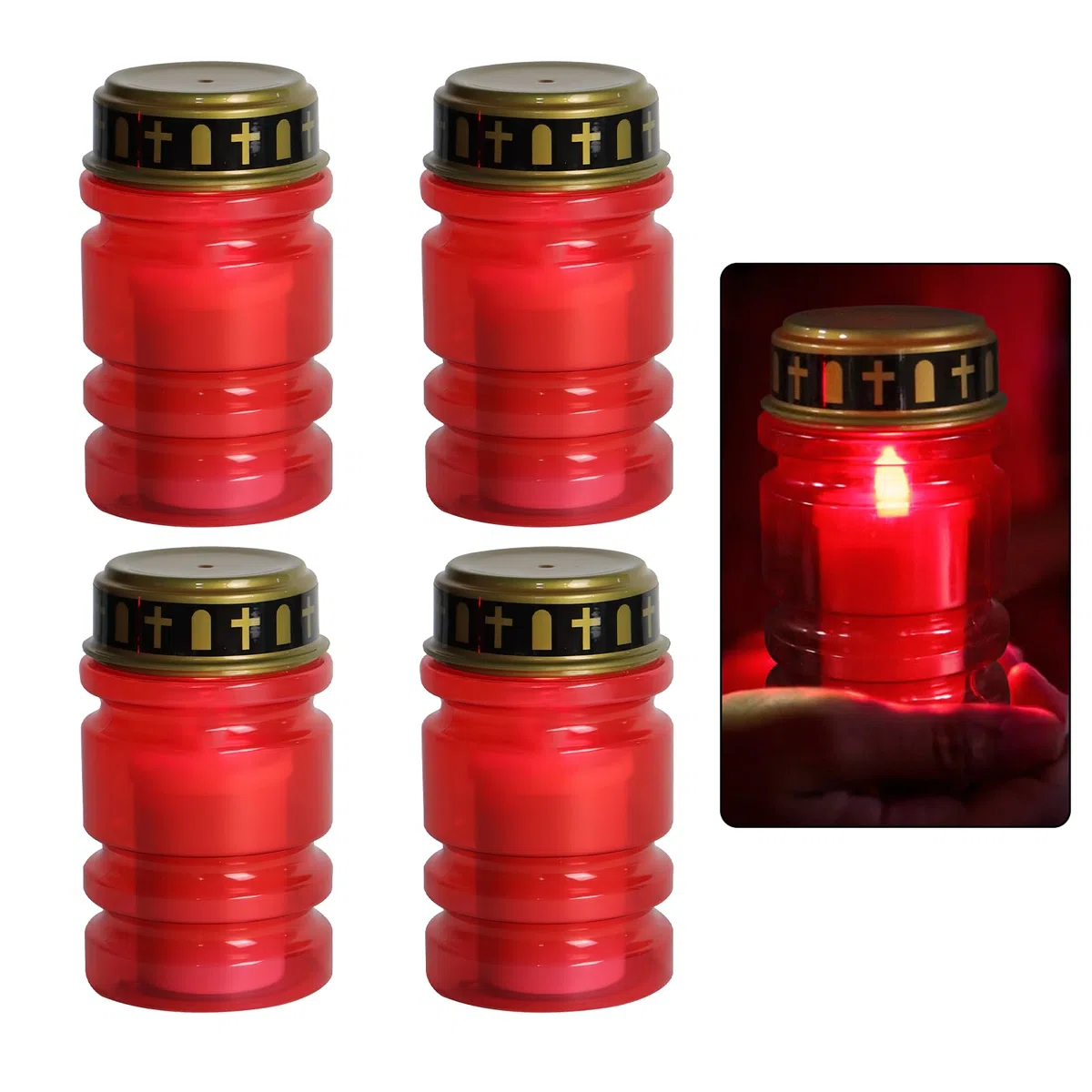 Candele funerali a LED rosse, 4 pezzi, IP44, impermeabili, per esterni, con effetto tremolante, a batteria, per cimitero, senza fiamma