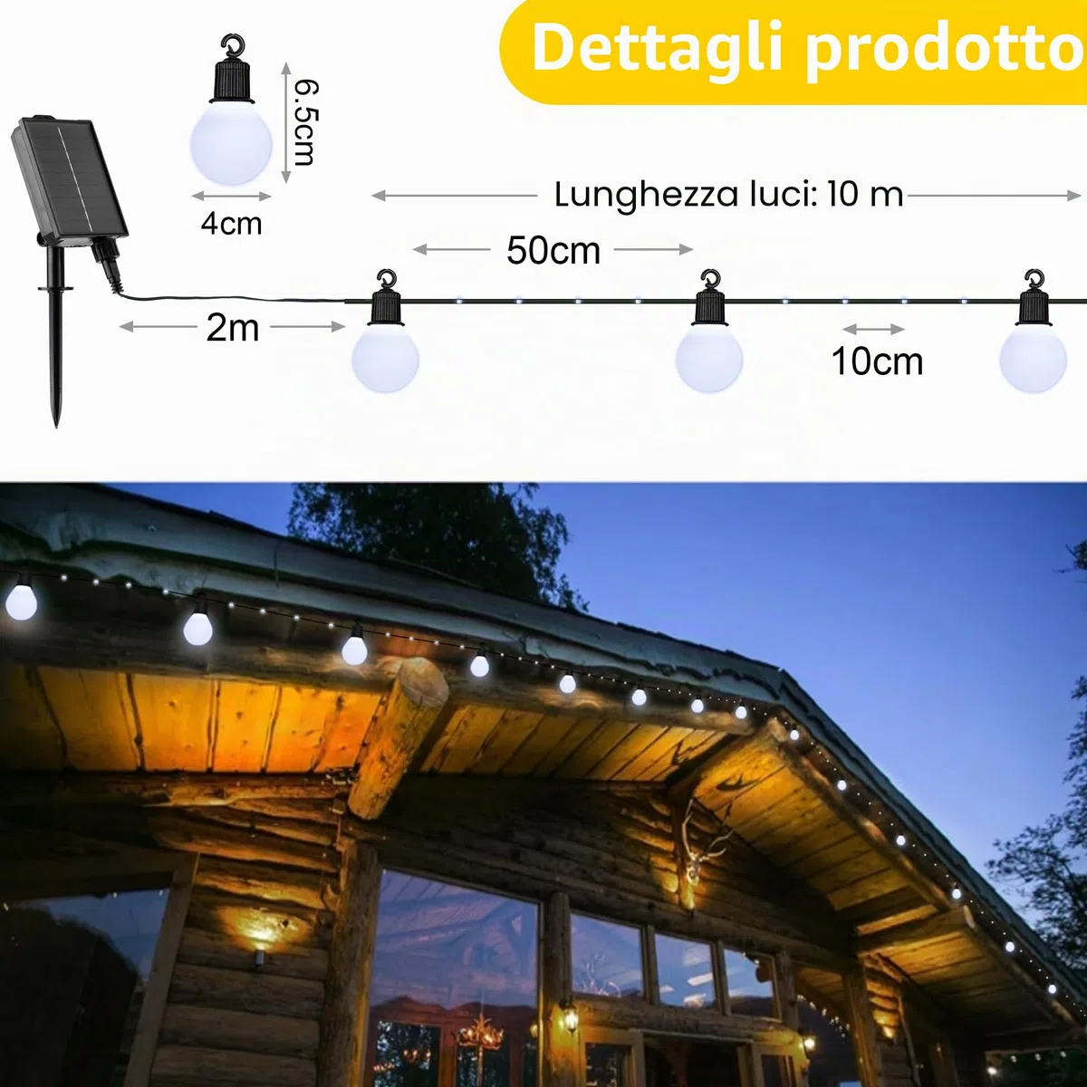 Catena Luminosa Esterno Solari con 20 G40 Lampadine, 10M 100 LED Luci Esterno Solari con Telecomando, Impermeabile, 8 Modi, Decorative Per Giardino, Patio (Bianco Freddo)