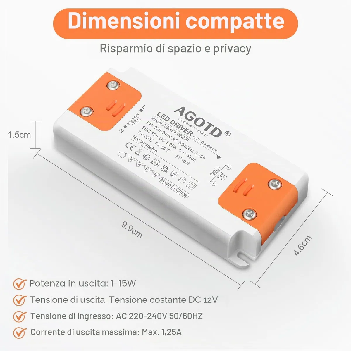 Trasformatore LED ingresso 220-240V uscita DC 12V 1.25A 15W lampadina LED driver convertitore driver alimentazione di tensione costante