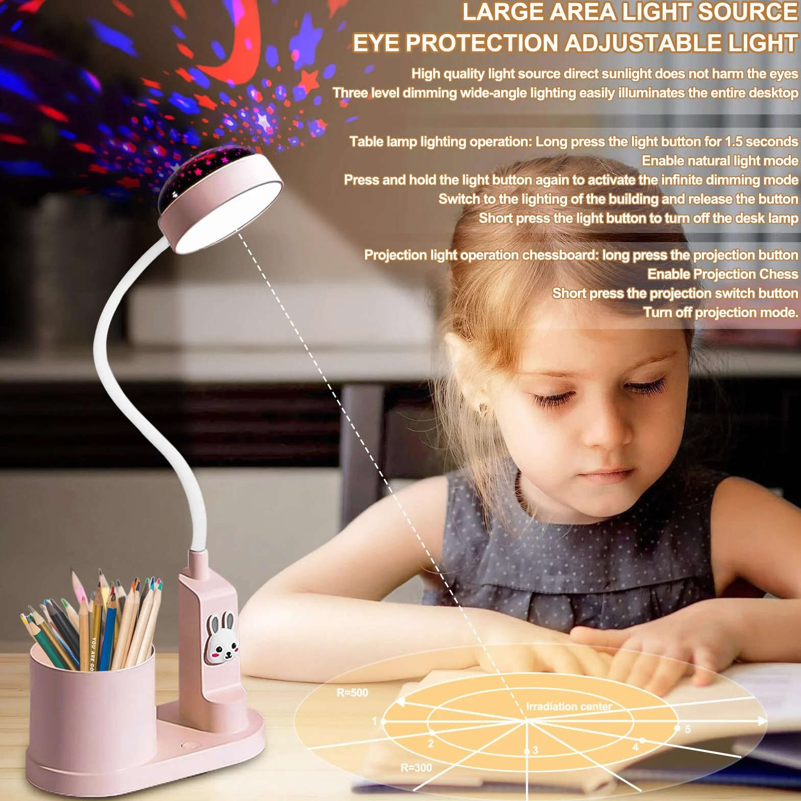 lampada da scrivania per bambini, studio con proiezione cielo stellato, comodino a LED con portapenne, ricaricabile USB, collo di cigno, dimmerabile, varie livello luminosità