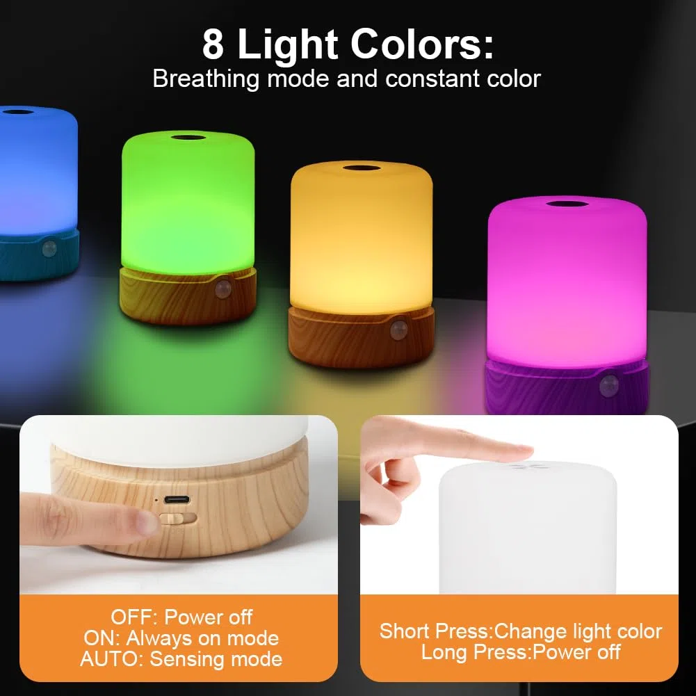 URAQT Luce Notturna LED, Lampada da Comodino Touch Dimmerabile, Lampada da Comodino con 8 Colori RGB, 3 Livelli Luminosità Con sensore di movimento, per Bambini, Camera da Letto, Campeggio