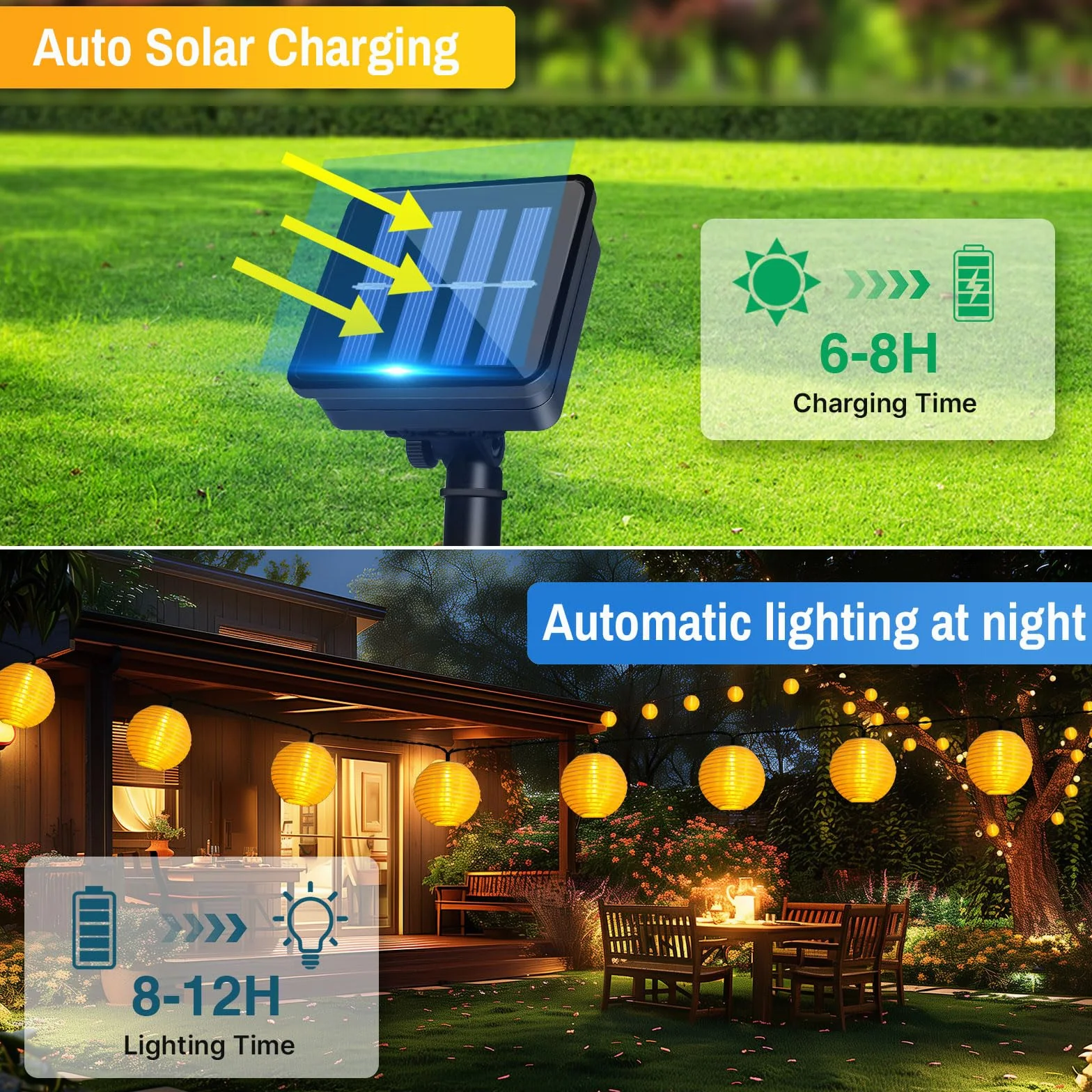 Catena Luci da Solari Esterno Giardino, 6M/20FT 20LED Lanterne, Lanterne Catena Solare 8 Modalità, IP65 Impermeabile, Decorative per Giardini, Balconi, Patio, Gazebo, Festival(Bianco Caldo)
