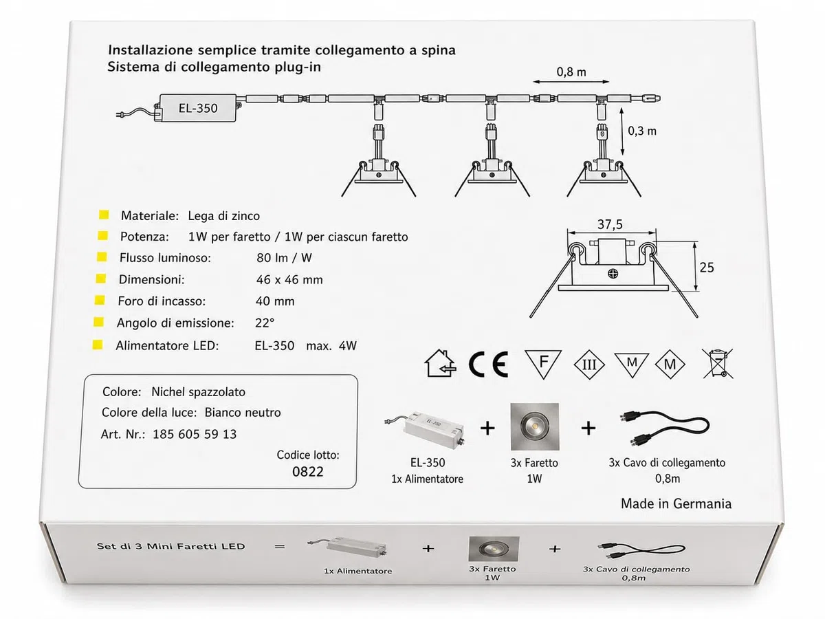 Generico Faretti LED da Incasso Quadrati Set 3 Pezzi, 1W per Faretto, Luce Bianco Neutro, Nichel Spazzolato, Mini Spot LED 46x46 mm con Driver EL-350 per Soffitto