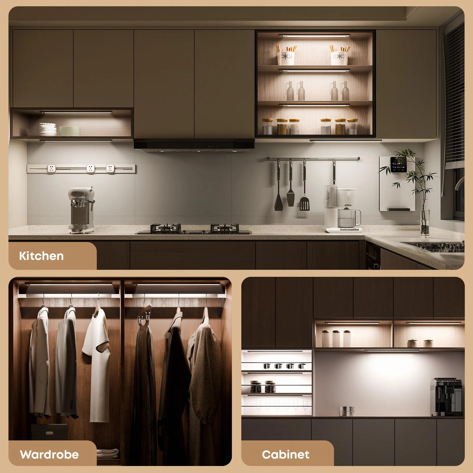 LROLTEF Luce LED Sottopensile Cucina 6500K 21CM Sensore di Movimento per Luci 1500mAh 32 LED Luce Armadio Lampada Dimmerabile per Cucina Scale Soggiorno Bagno Camere da Letto | 2 Pezzi Argento