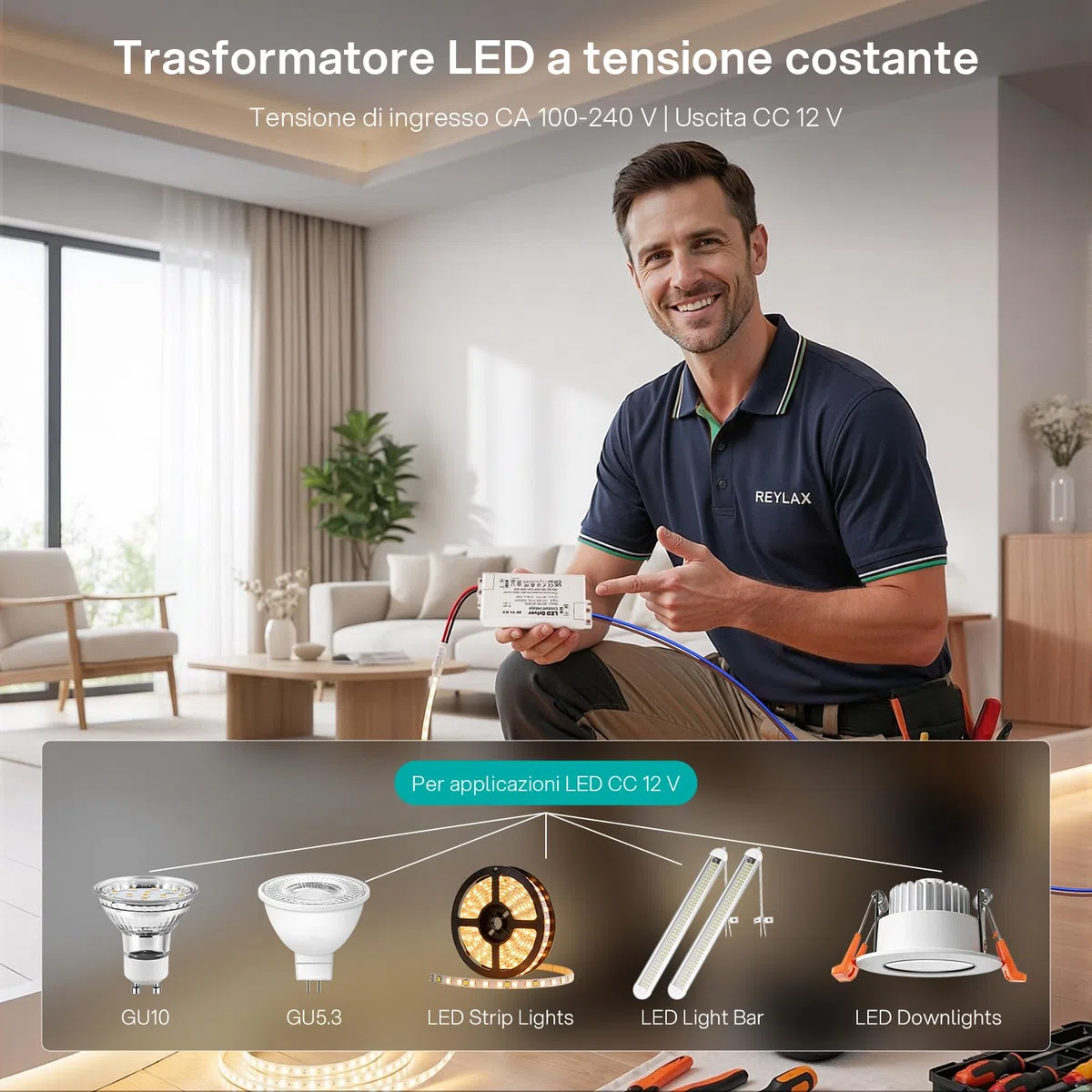 REYLAX Alimentatore LED 12V 60W, Trasformatore 220 12V Alimentatore 5A, Trasformatori Interruttore AC to DC, LED Driver di Tensione Costante, per Bassa Tensione Striscia Led, Lampade G4 MR16 MR11