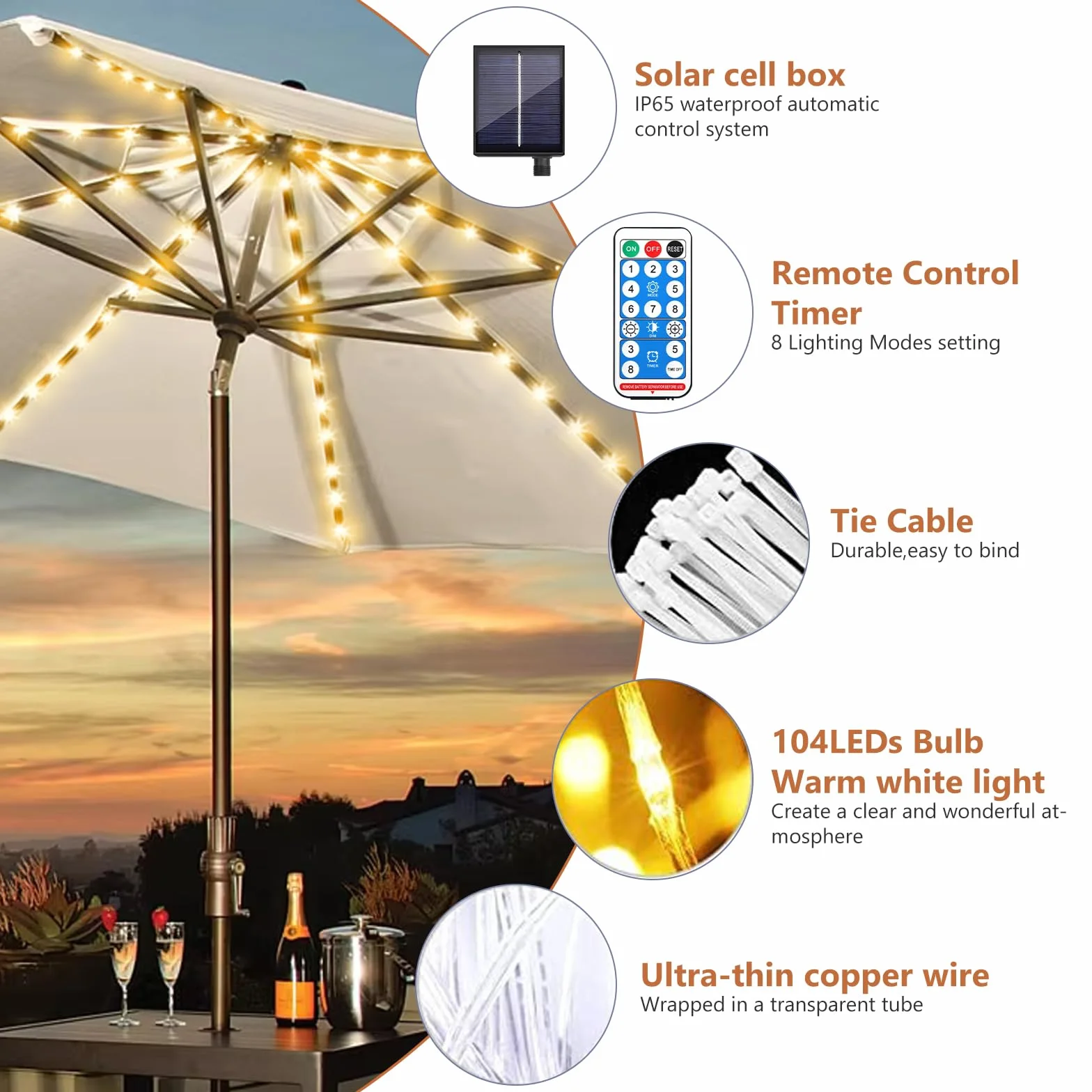 Asfrode Illuminazione solare per ombrellone, 104 LED, luci da giardino impermeabili, 8 modalità, funzionamento a batteria, catena luminosa con telecomando