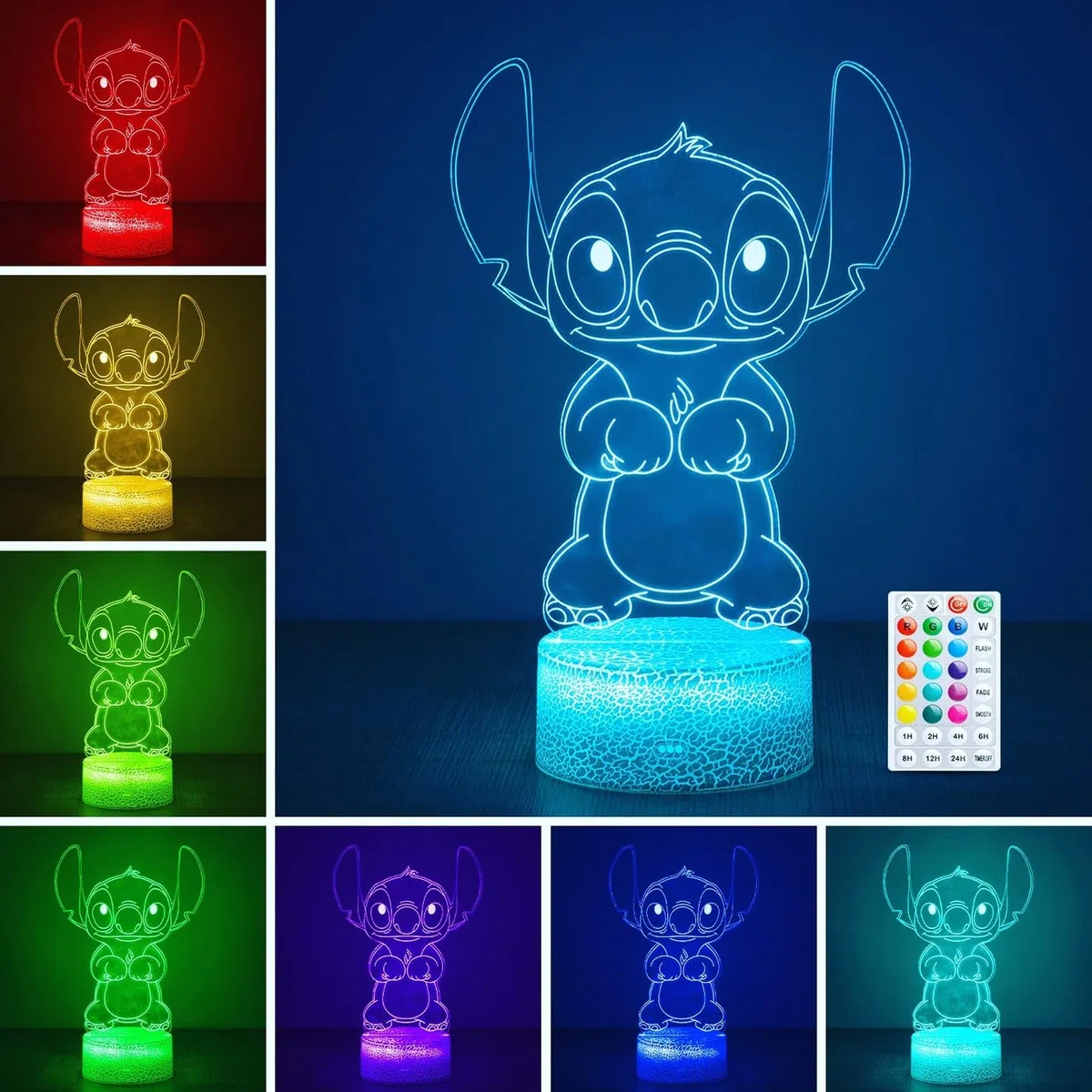Lampada Stitch Luce Notturna Bambini: 16 Colori LED con Telecomando e Timer Funzione Memoria Effetto Ottico 3D Illusione Decorazione Cameretta da Letto Idea Regalo Compleanno Natale Bambine Ragazzi