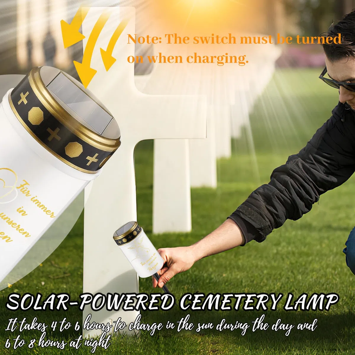 2 Pezzi Lumino Cimitero Solare, Candela LED Cimitero, Luci Votive Cimiteriali Solari, Lumini Cimitero LED Solare, Lampada Tombale Solare, Lampada Votiva con Pannello Solare da Esterno (A)