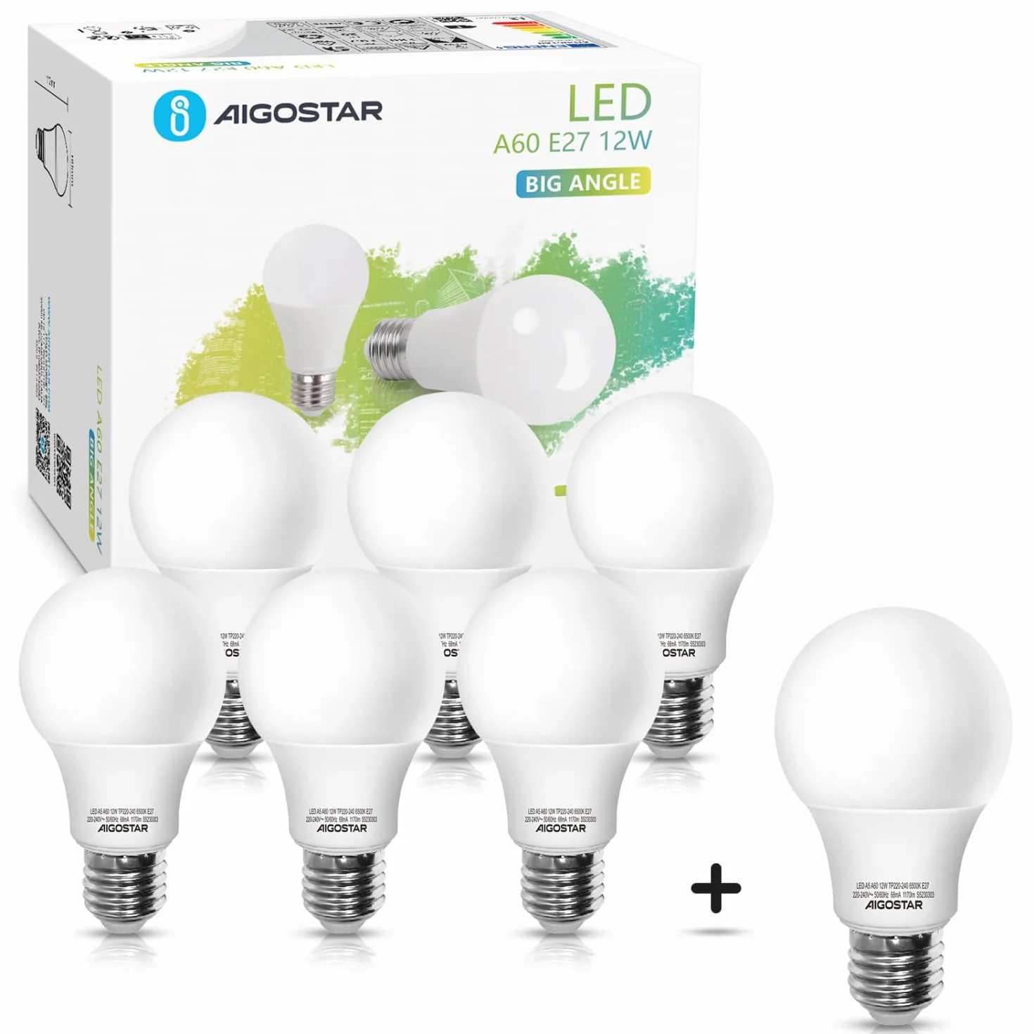 Aigostar Lampadina LED E27 Luce Bianca Fredda, 12W Lampadine a led per casa 6500K, 1170 Lumen, Angolo del Fascio di 280 Gradi, CRI>80+, non dimmerabile, Pacco da 7
