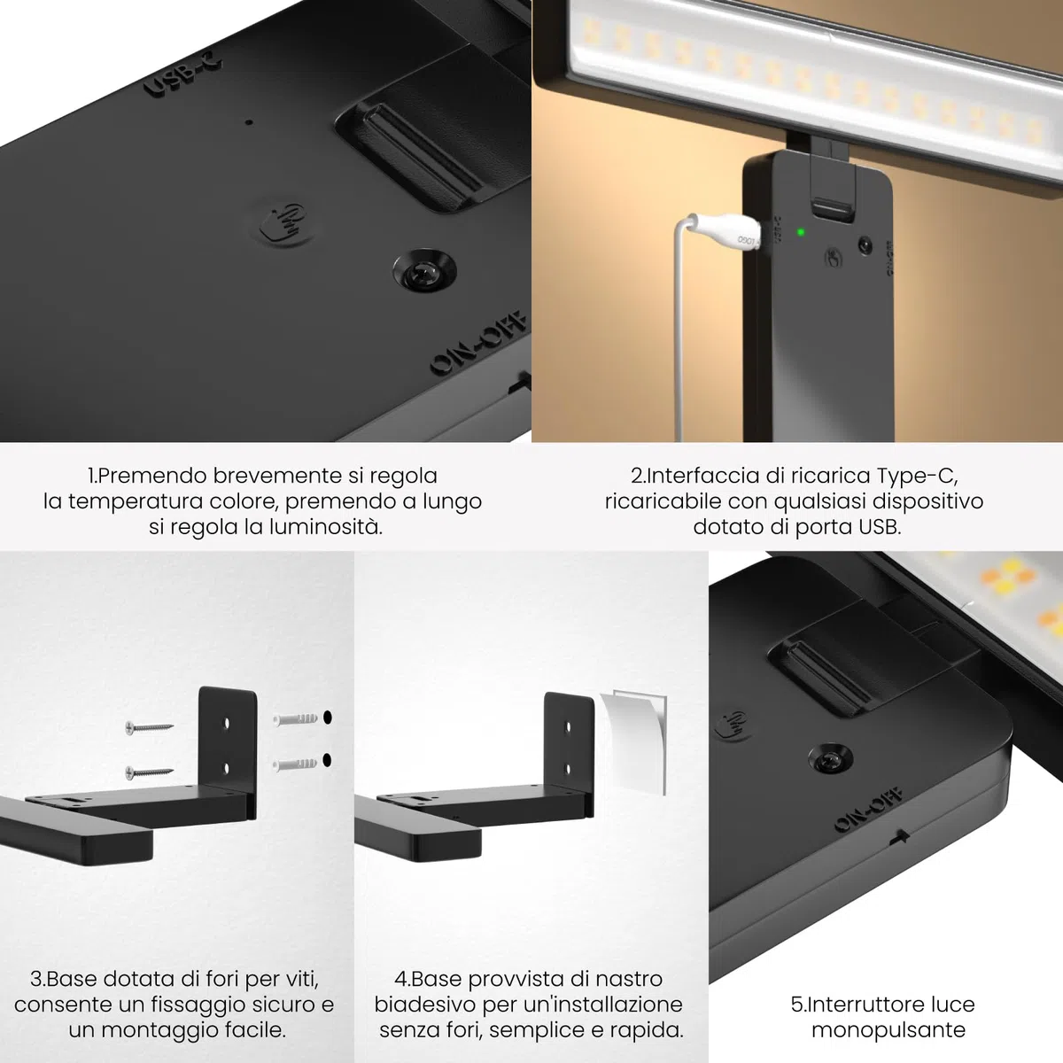 Luce per Quadri Senza Fili, Lampada da Parete Ricaricabile con Telecomando, 3 Temperature di Colore, 10 Livelli di Luminosità Regolabile, Timer, per Dipinti, Specchio e Freccette