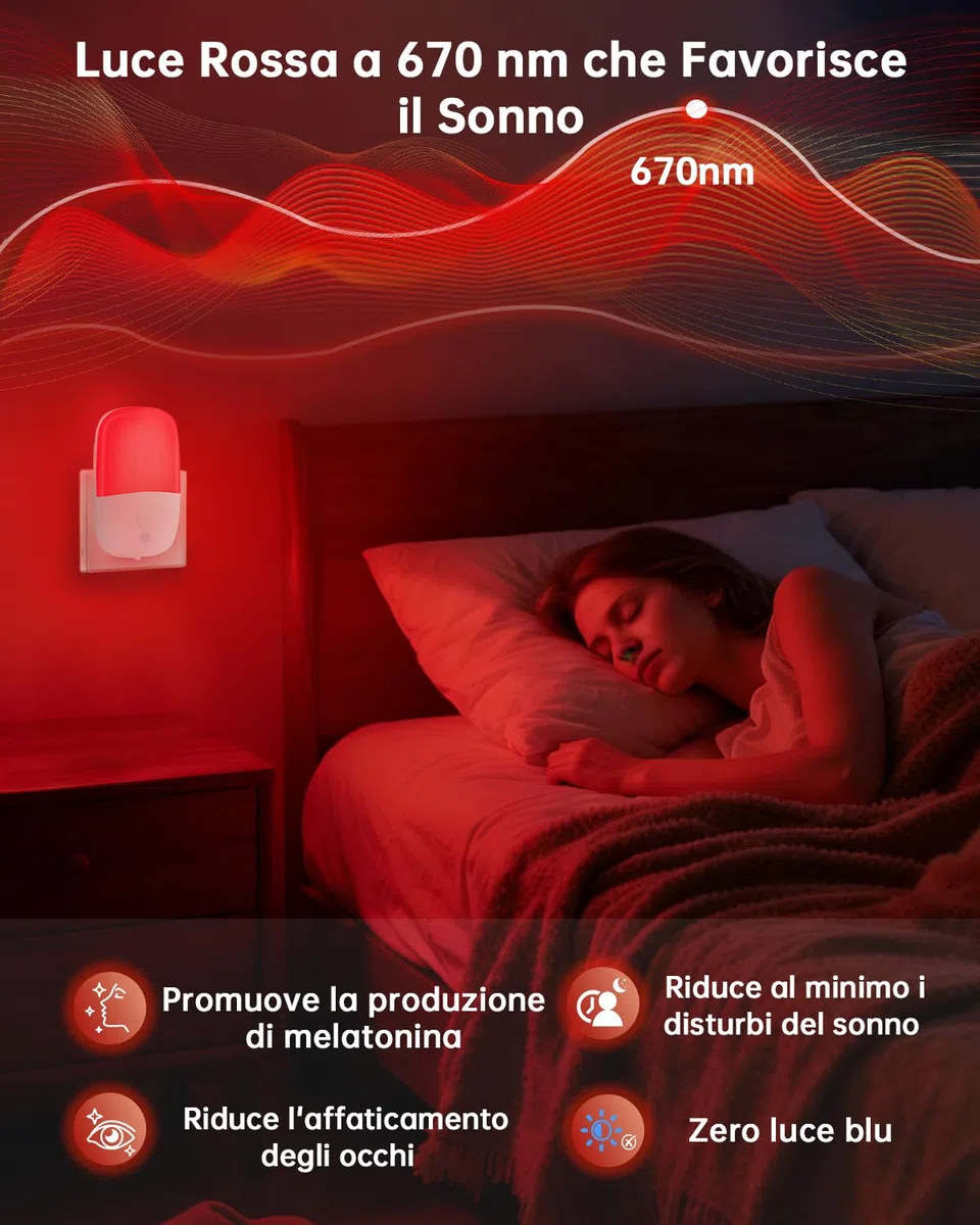 Luce Rossa Notturna Neonato 670nm & 2500K Ambra, Luce per Dormire con Sensore Crepuscolare, Luce Notturna da Presa Dimmabile Auto On/Off per Bambini, Camera, Bagno, 2 Pezzi