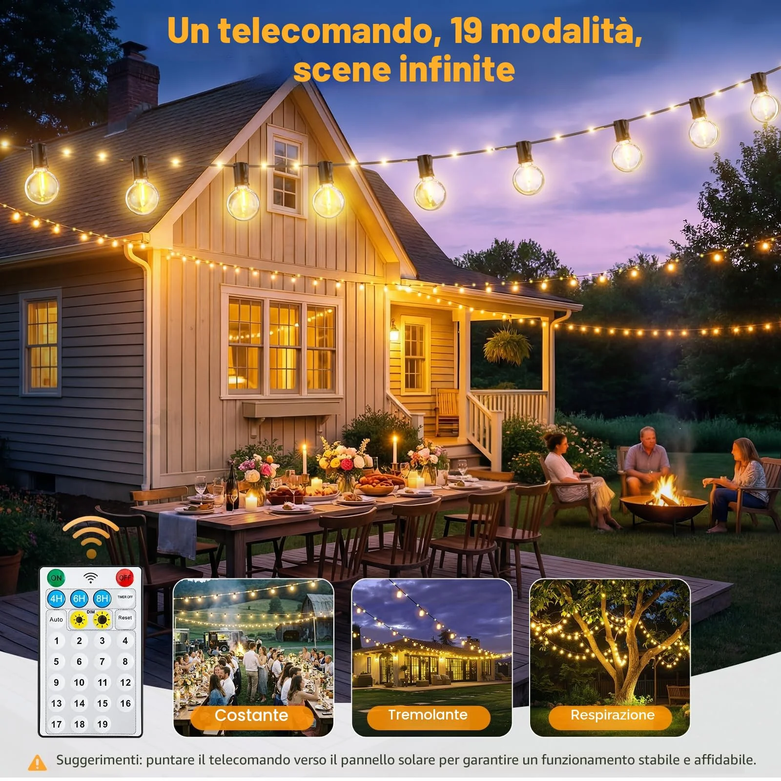 Catena Luminosa Esterno Solare 12M 14+1 G40 Lampadine LED Luci Solari per Esterni 19 Modalità Impermeabile Luci Solari Esterno con 26 LED per Giardino Terrazze Campeggio Patio Gazebo Matrimonio Feste