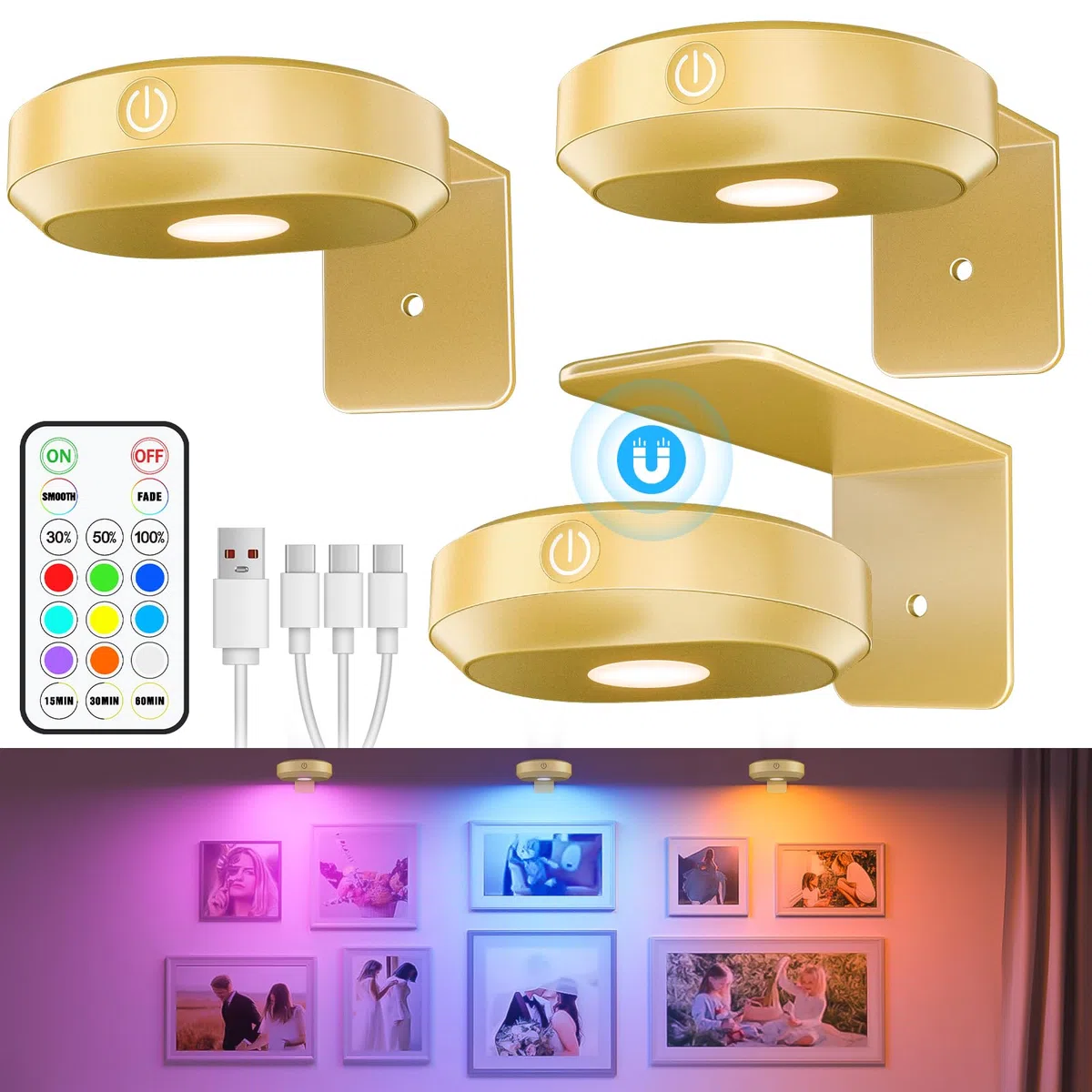 WILLED Illuminazione per immagini senza fili, illuminazione da parete senza fili, batteria LED spot con telecomando, lampada per immagini ricaricabile con 9 colori RGB, illuminazione a LED con timer