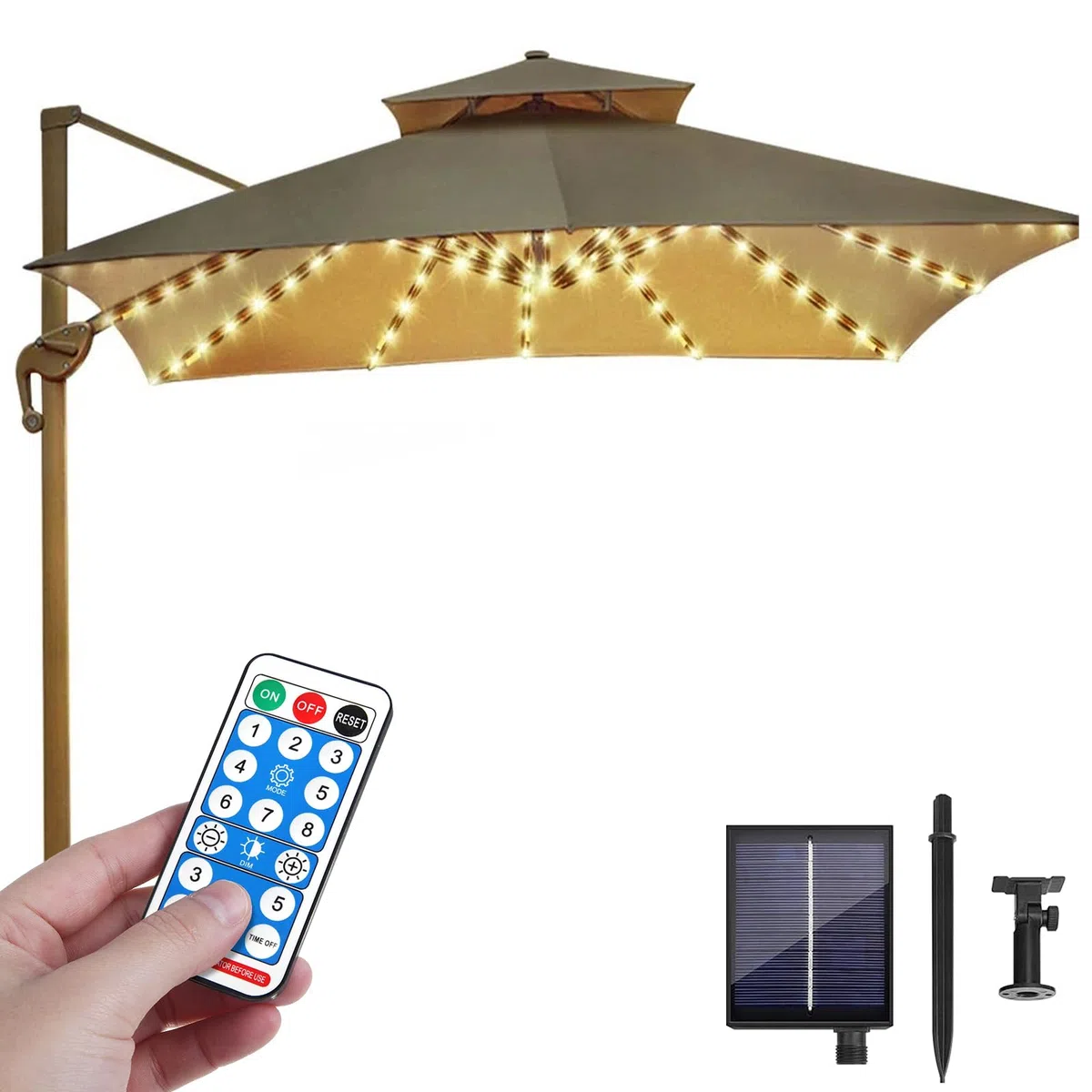 Asfrode Illuminazione solare per ombrellone, 104 LED, luci da giardino impermeabili, 8 modalità, funzionamento a batteria, catena luminosa con telecomando