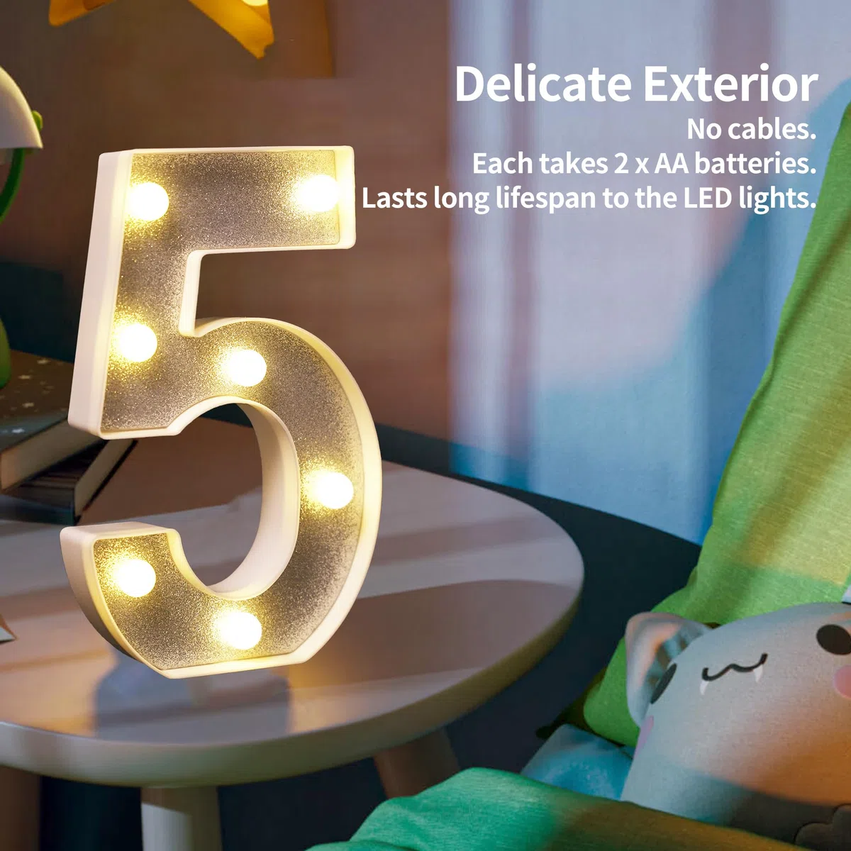Numero 5 argento glitterato decorazione LED luci con numero, adatti per feste di compleanno, baby shower, sfondo matrimonio e decorazione della casa, 21 cm