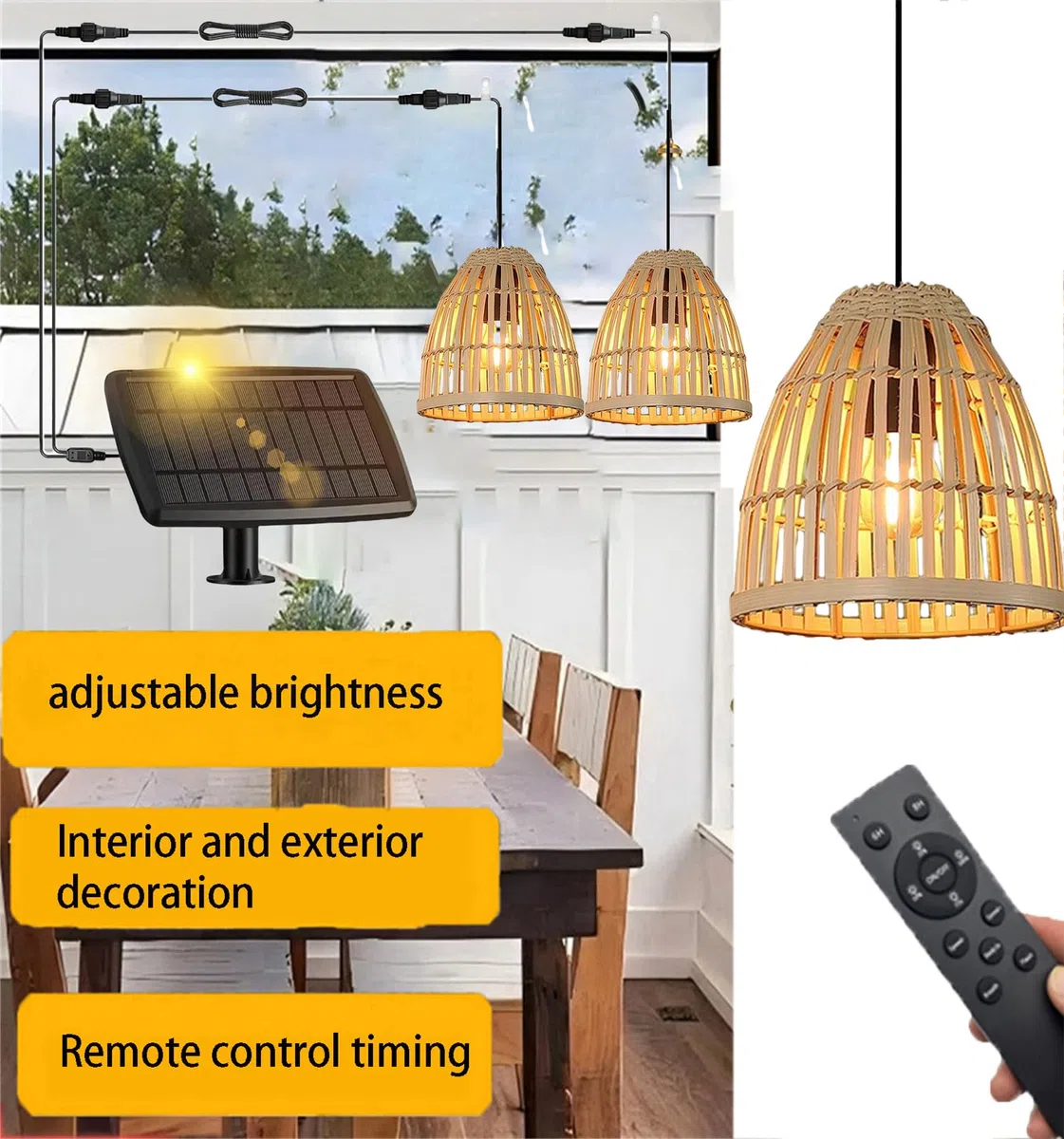Lampadario Solare Boho Outdoor Rattan 2 Luci LED 300 Lumen Dimmerabile Telecomando