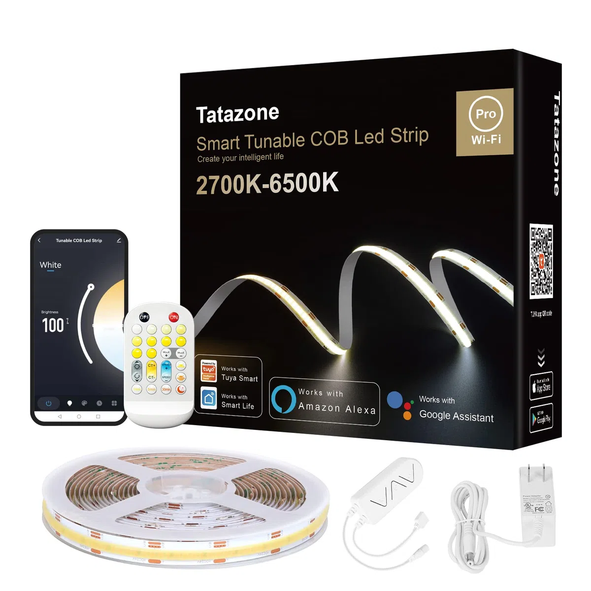 Tatazone Kit di strisce LED COB bianche sintonizzabili da 3 m, CCT 2700K-6500K ultra luminoso COB con telecomando RF, nastro LED COB dimmerabile per armadio da cucina, camera, TV