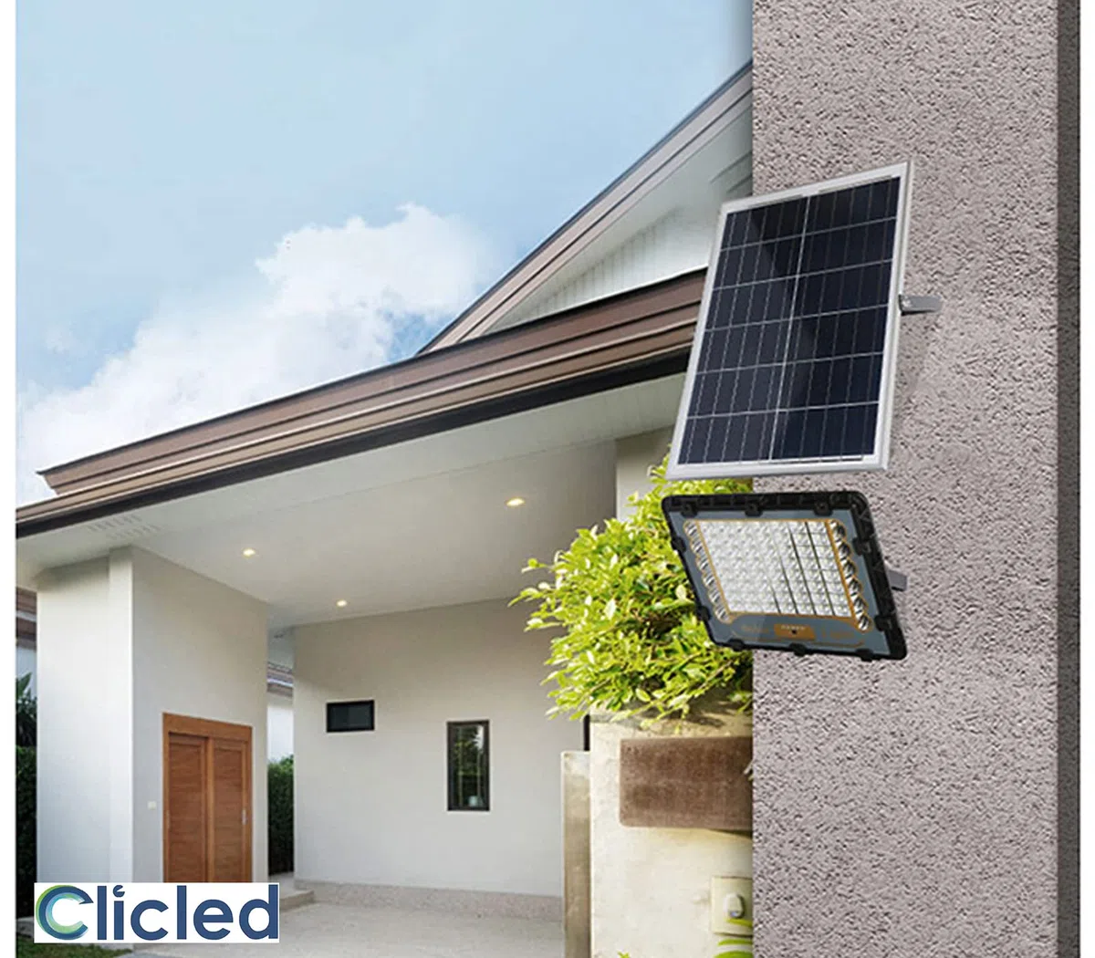 CLICLED Faro Led Da Esterno Solare 150W Luce Fredda Faretto Led Da Giardino Con Luce Rossa e Blu Di Emergenza e Indicatore di Ricarica Pannello Solare Sensore Crepuscolare E Telecomando