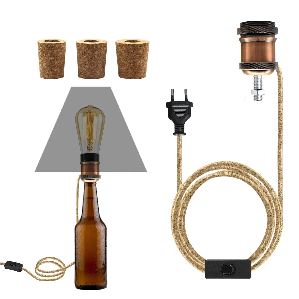 Kit Lampada Per Bottiglia di Vino Con 3 Tappi di Sughero - DIY Lampada da Tavolo, Adattatore Portalampada E27 Con Spina e Interruttore