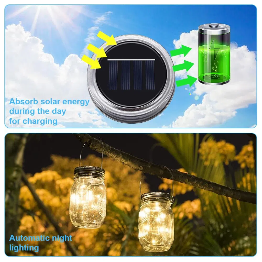 4 pezzi di ricambio per luci solari, Mason Jar, lanterna coperchio, lampada solare Mason Jar Light, lampada solare per esterni, con 30 lampade a LED e ganci, coperchio per giardino, albero