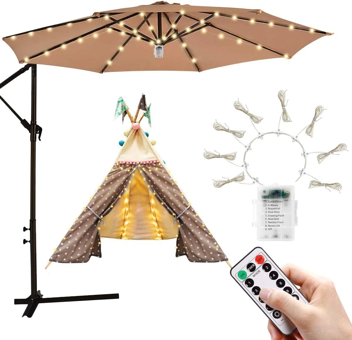 Illuminazione per ombrellone, catena di luci a LED per ombrellone da giardino, protezione IP68, strisce luminose LED (8 fili x 1,3 m, 3000 k)