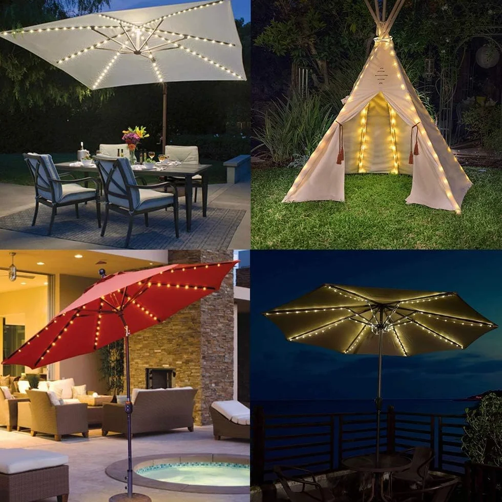 Catena di luci per ombrellone, 104 LED, 8 modalità, funzionamento a batteria, luci decorative, tenda da campeggio (bianco caldo)