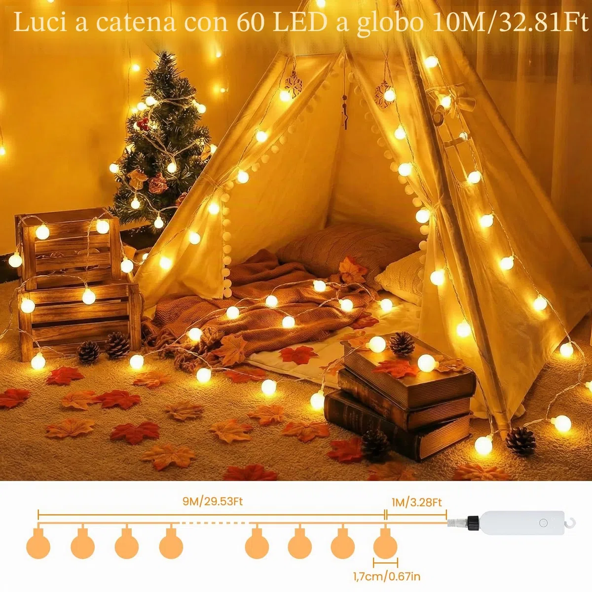 Catena Luminosa Esterno Interno, 60LEDs 10M Luci LED a Batteria con USB 8 Modalità FunZione Timer IP65 Impermeabile, Lucine LED Decorative per Balcone Giardino Feste Camera Campeggio Natale