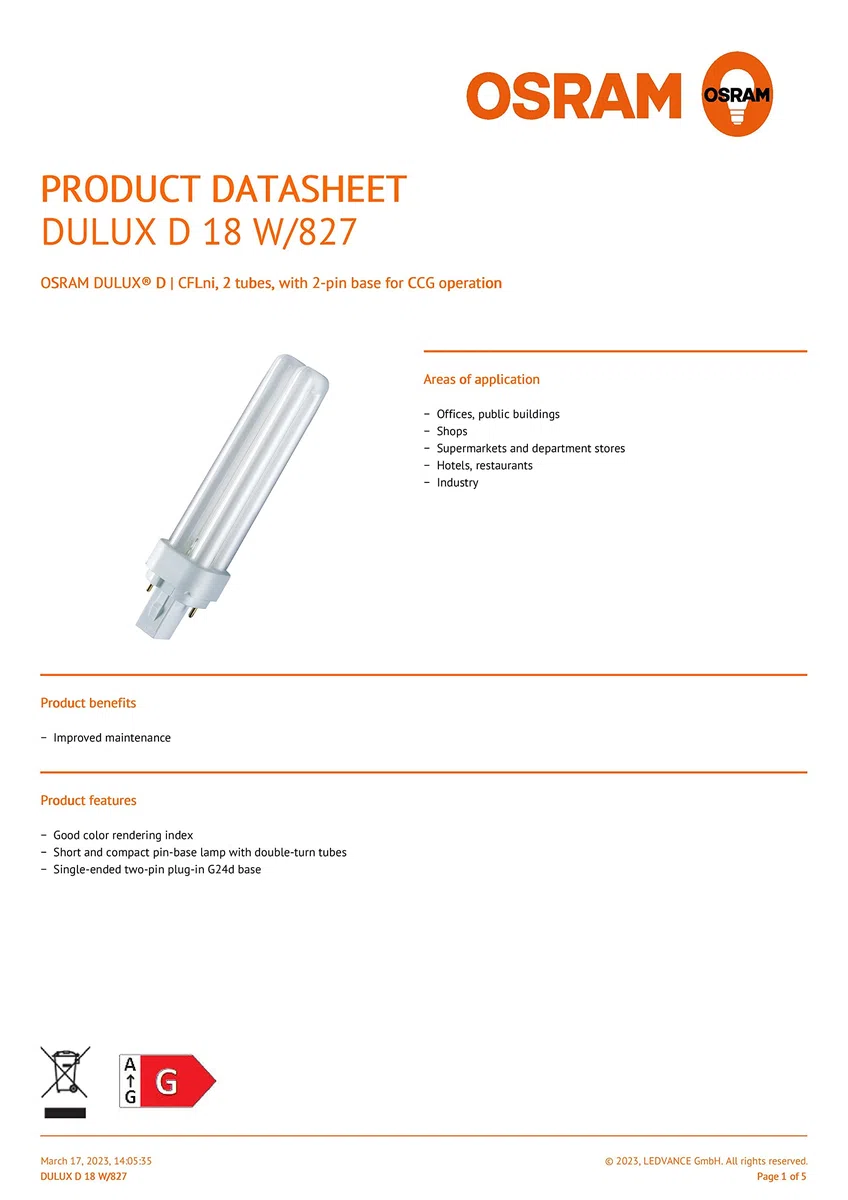 LAMPADA DULUX D G24-d2 OSRAM 18W LUCE CALDA 2700K 827