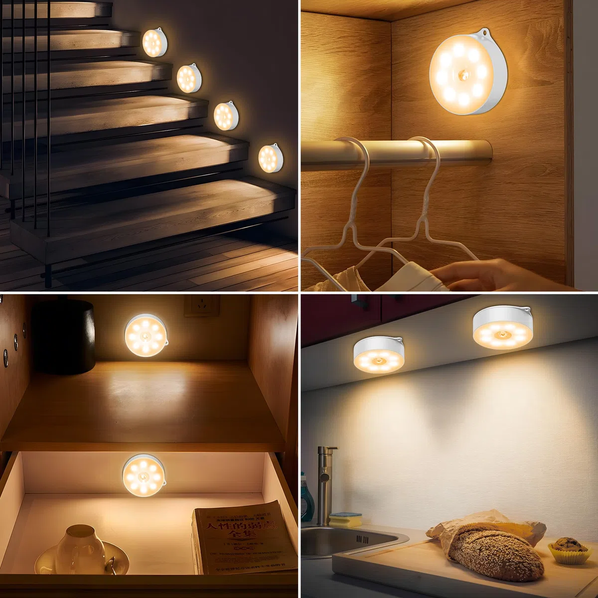 daphomeu 6 pezzi Luce notturna con sensore di movimento, 3 batterie AAA, illuminazione dell'armadio, sensore di movimento de interno per scale, camera da letto, cucina, sottopensile .(luce calda)