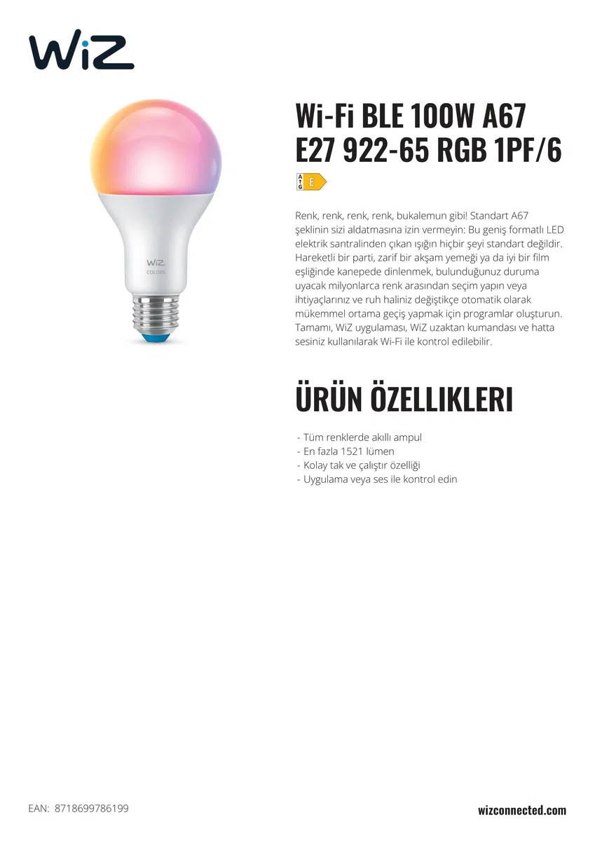 Lampadina WiZ Smart LED A60, bianco Regolabile e a colori, attacco E27, equivalente 100 W, 2.200-6.500 K, 1.521 lumen, int. regolabile, compatibile con Alexa,Google Assistant e Apple HomeKit,conf.da 1