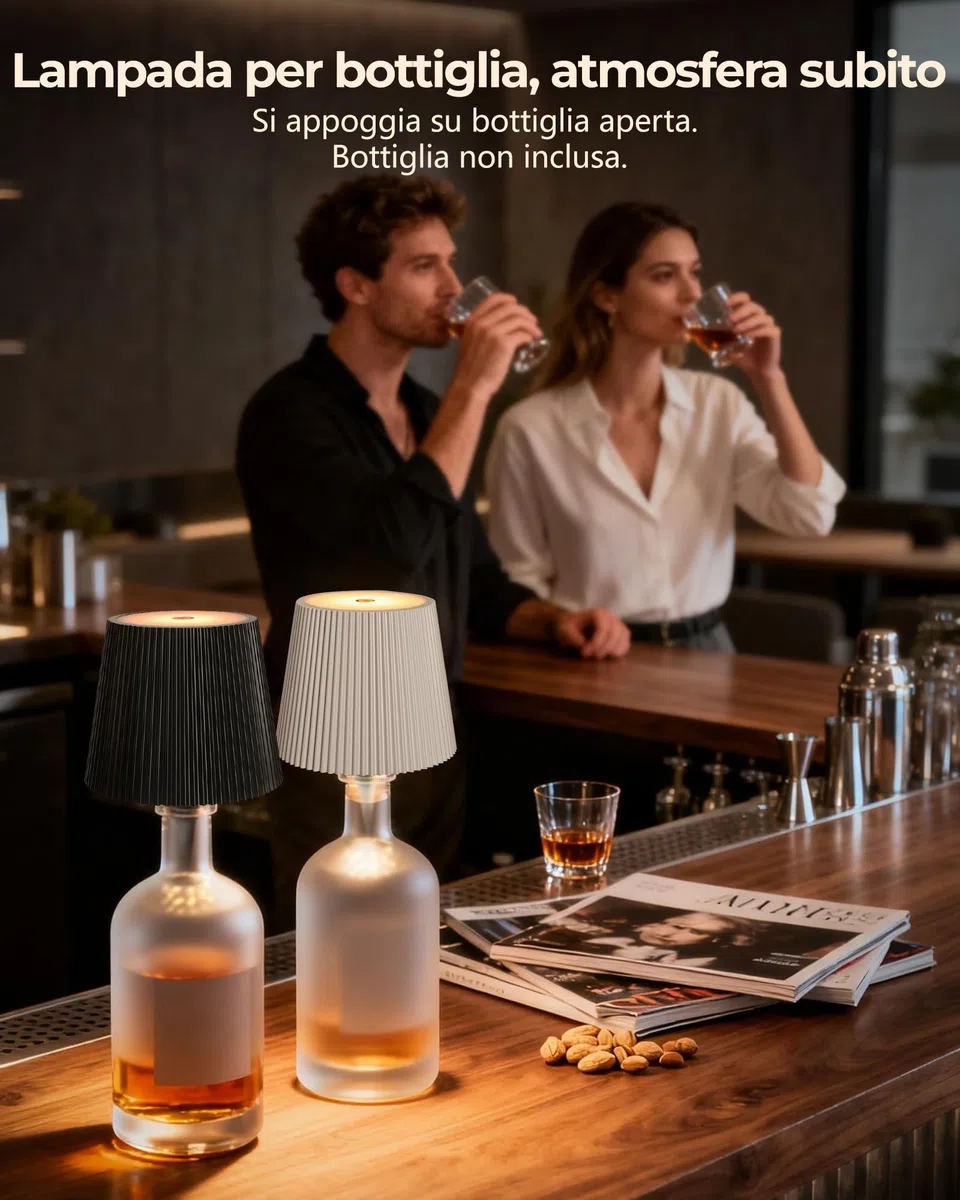 Beaeet Lampada per Bottiglia LED Nero Senza Fili, Touch Dimmerabile 3 Colori, Ricaricabile USB-C, Decorativa per Casa Terrazzo Campeggio Feste Regalo