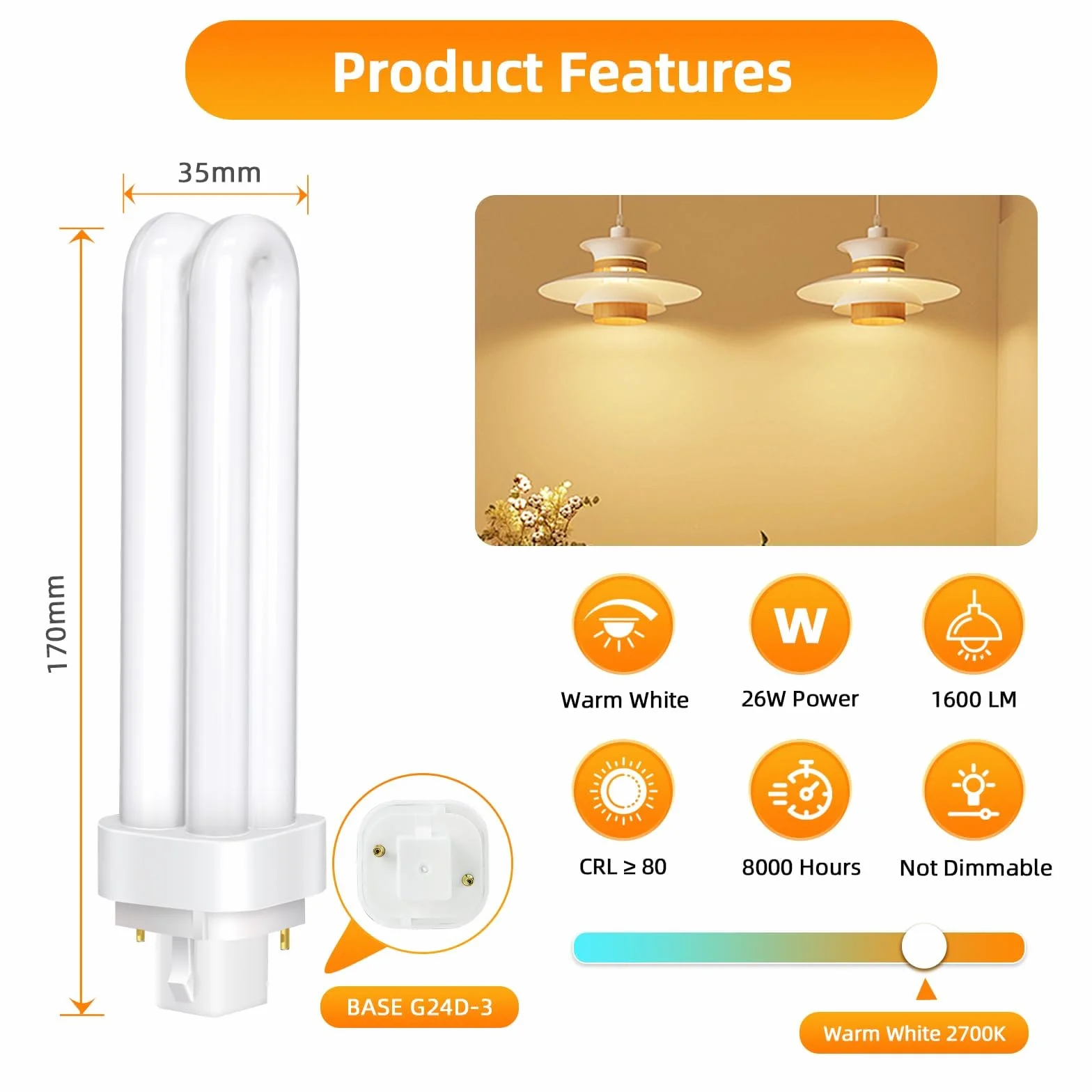 Confezione da 5 Lampadine Tubolari PLC G24d-3 a 2 Pin 26W, Luce Bianco Caldo 2700K, 1600LM, Tubo Doppio Giro 2U, Non Regolabile, Adatta Per Cucina, Sala da Pranzo, Bar, Camera da Letto, Ufficio