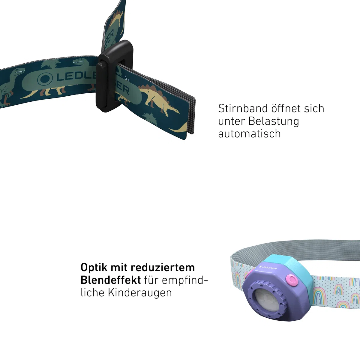 Ledlenser KIDLED4R - Lampada frontale ricaricabile per bambini, LED 3 colori, verde dinosauro, leggera, funzione di spegnimento automatico, clip per zaino- Per leggere, campeggiare, regalo per bambini