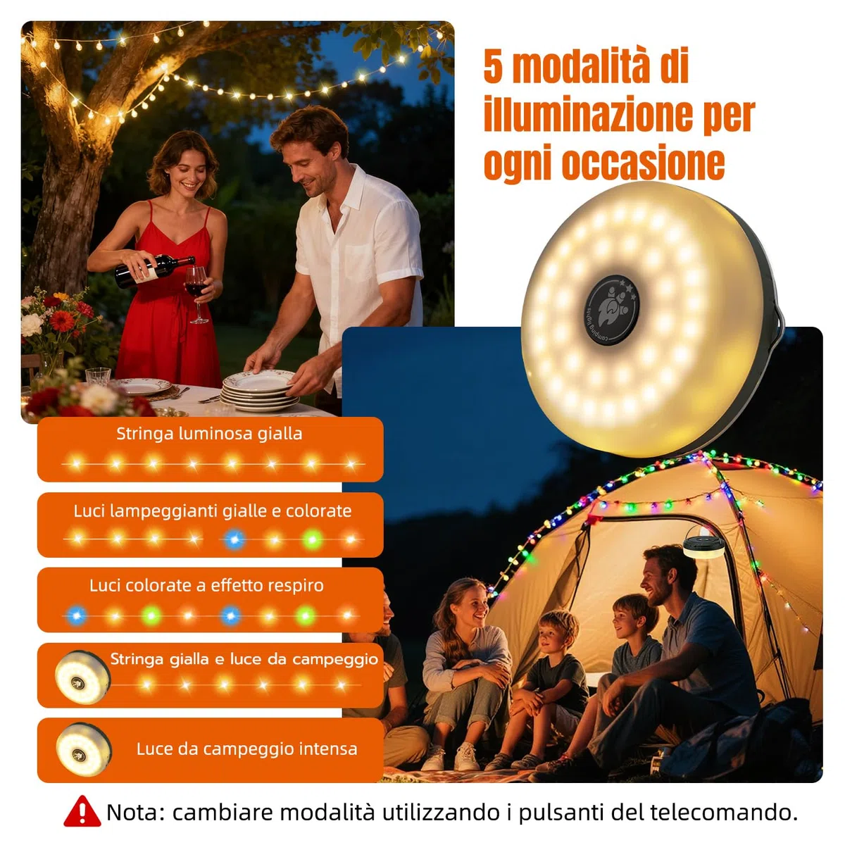 Luci da Campeggio da 10 m, luci Solari da campeggio,Luci LED Ricaricabili Portatili e Retrattili con Telecomando, 5 Modalità, Ricarica USB-C/Solare, Magnetiche, IP44, Bianco caldo, Multicolore
