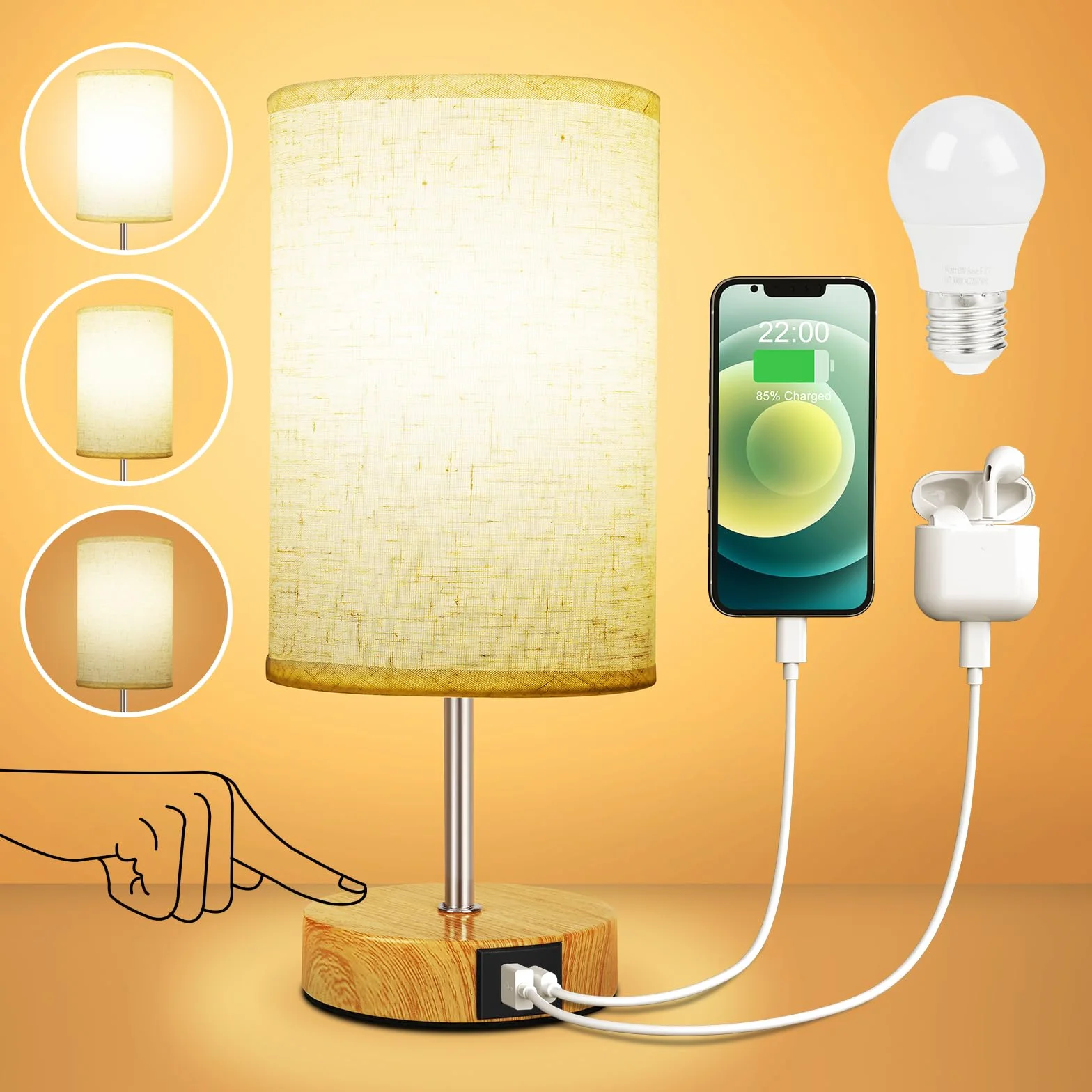Suright Lampada da Comodino Touch Dimmerabile, Lampada da Tavolo con Porte di Ricarica USB A+C, Paralume in Tessuto di Lino, Abat Jour da Comodino per Camera da Letto Soggiorno (Lampadina Inclusa)