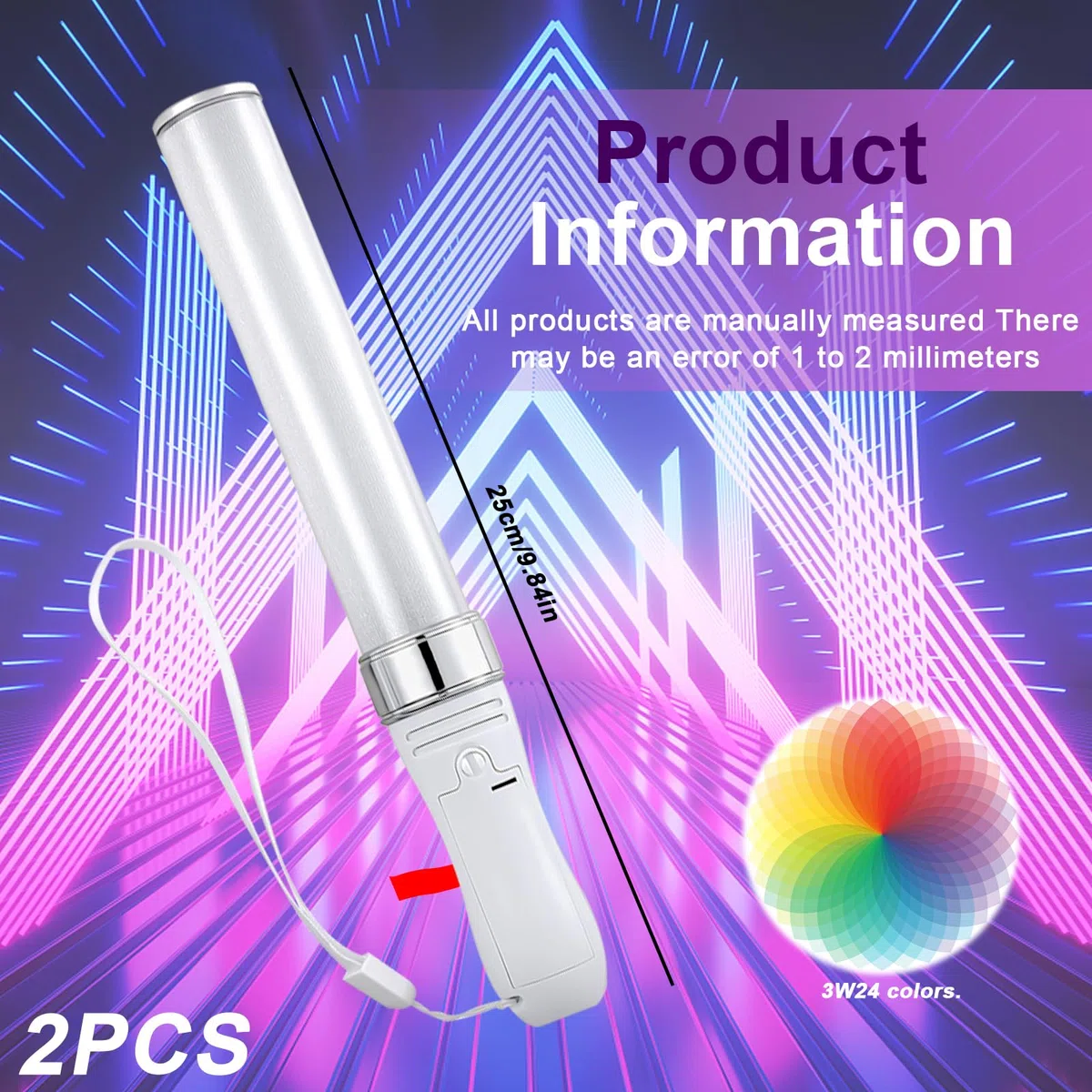 Set di 2 barre luminose a LED, 24 colori, 3 W, luce a LED colorata da 25 cm, per matrimoni, feste, concerti, pensierini