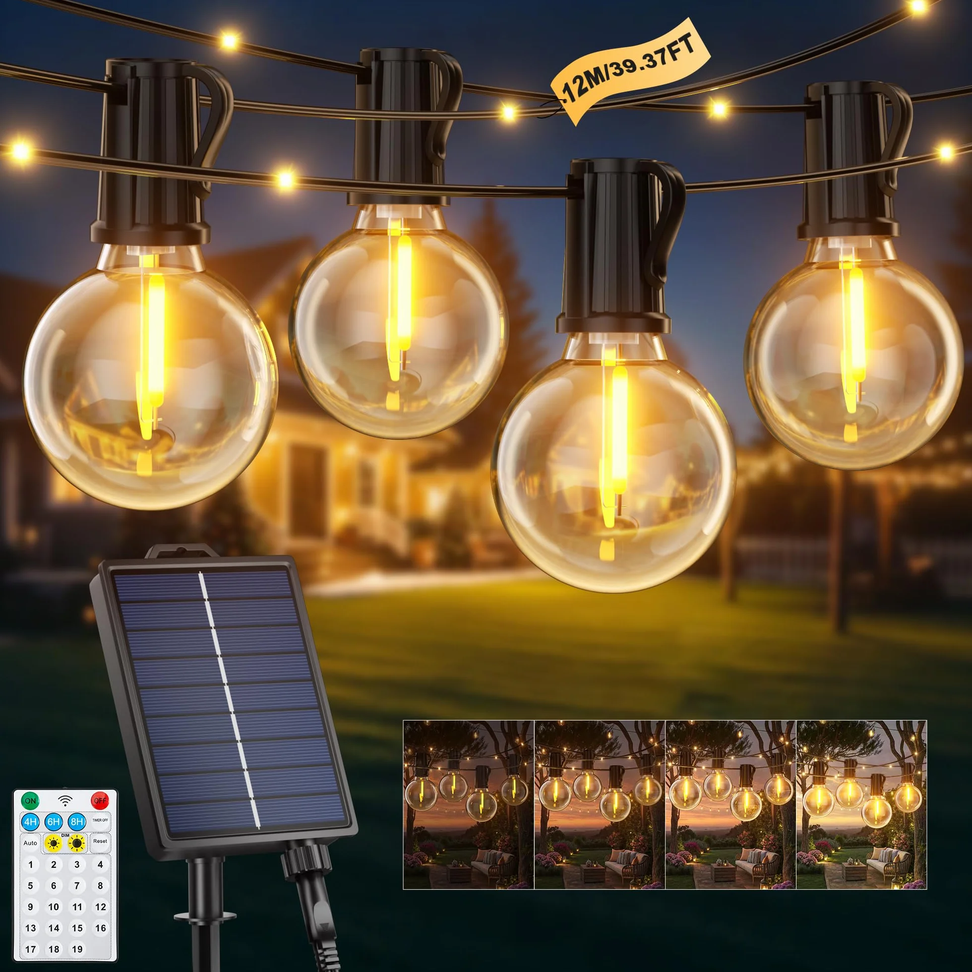 Catena Luminosa Esterno Solare 12M 14+1 G40 Lampadine LED Luci Solari per Esterni 19 Modalità Impermeabile Luci Solari Esterno con 26 LED per Giardino Terrazze Campeggio Patio Gazebo Matrimonio Feste