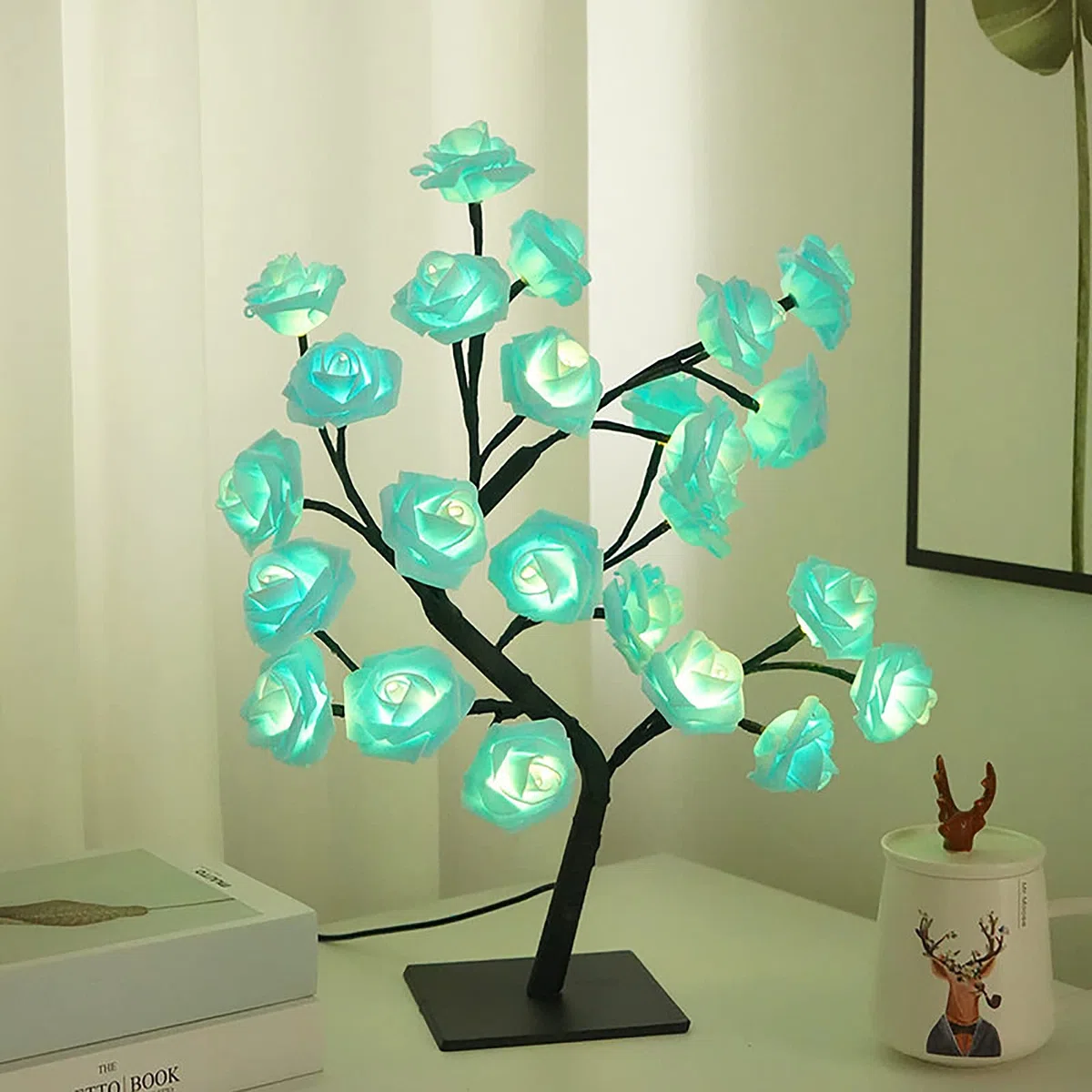 BEIJIALY Lampada Rosa, Lampada Albero Fiore Rosa, Lampada da Tavolo LED Rosa, Luce Notturna LED Rosa Alimentata a Batteria USB, Luce Notturna LED Albero Bonsai Artificiale per Decorazioni(Blu)