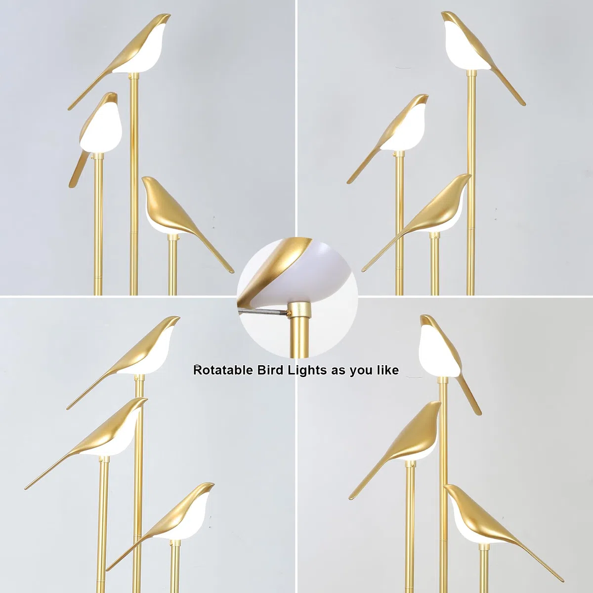 Lampada da terra dorata per soggiorno con ripiani - Lampada da terra moderna di metà secolo con 3 luci LED regolabili a forma di uccello, lampada ad angolo alto con tavolo, supporto