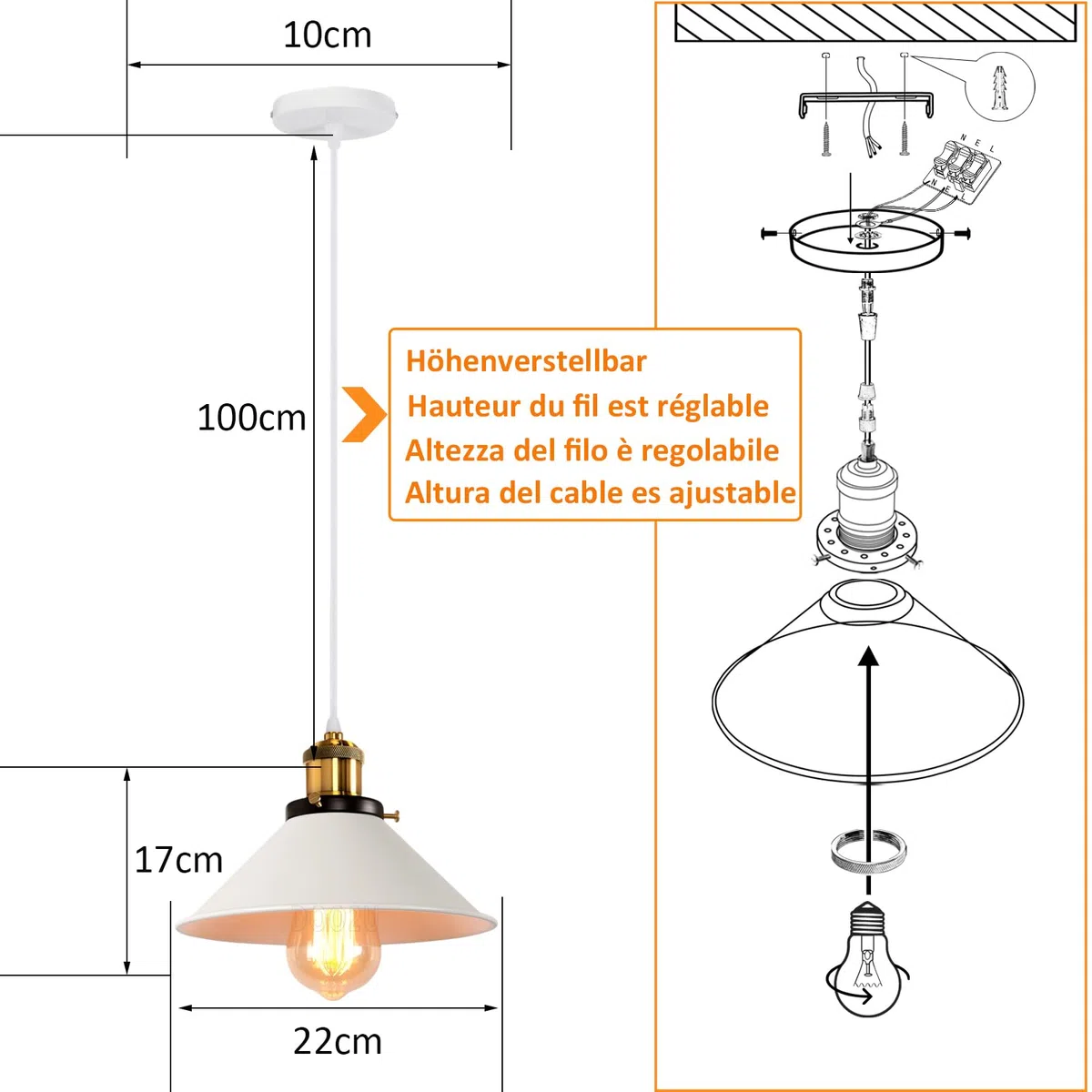 Lampadario a sospensione Vintage industriale, Moderno Lampada da soffitto E27 Plafoniera in Metallo Ø22cm Grigio Paralume per Sala Cucina Camera da Letto (Bianco - 1 lampada)